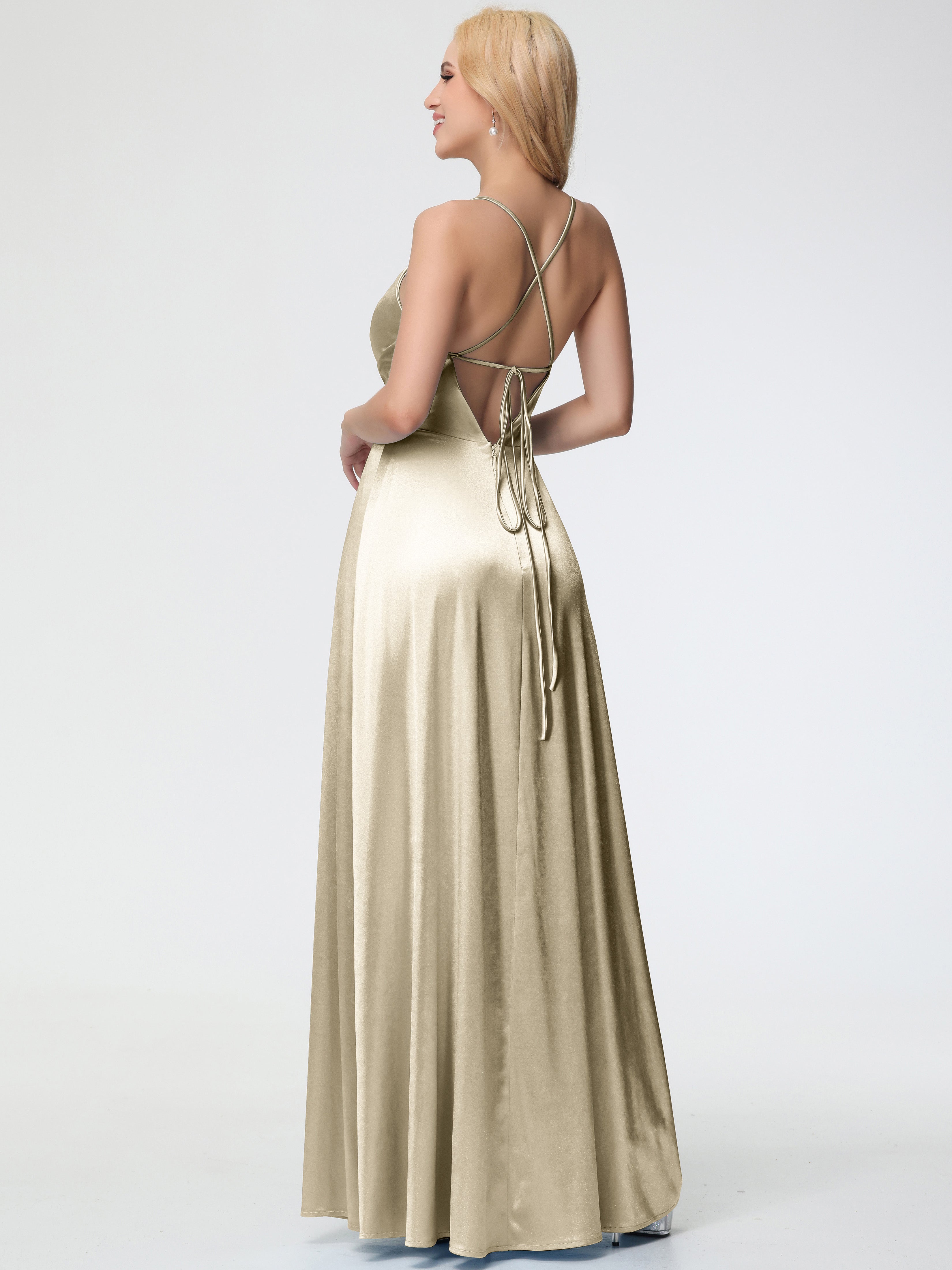 Robes De Demoiselle D'Honneur Couleur Champagne Col V Bretelles Spaghetti Trapèze Fendue Satin Extensible Robe De Demoiselle D'Honneur