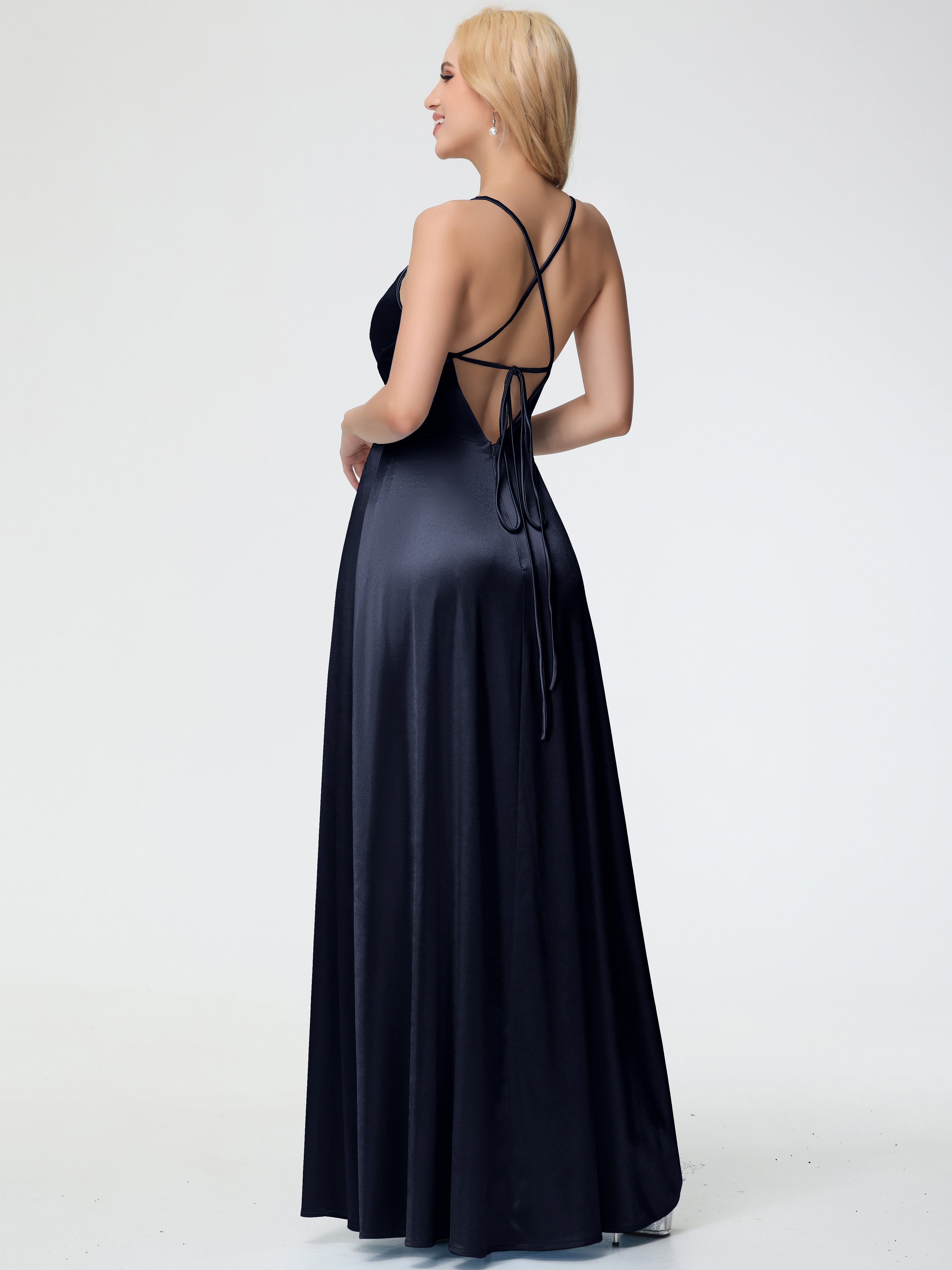 Robes De Demoiselle D'Honneur Bleu Marine Pas Cher Col V Bretelles Spaghetti Trapèze Fendue Satin Extensible Robe De Demoiselle D'Honneur