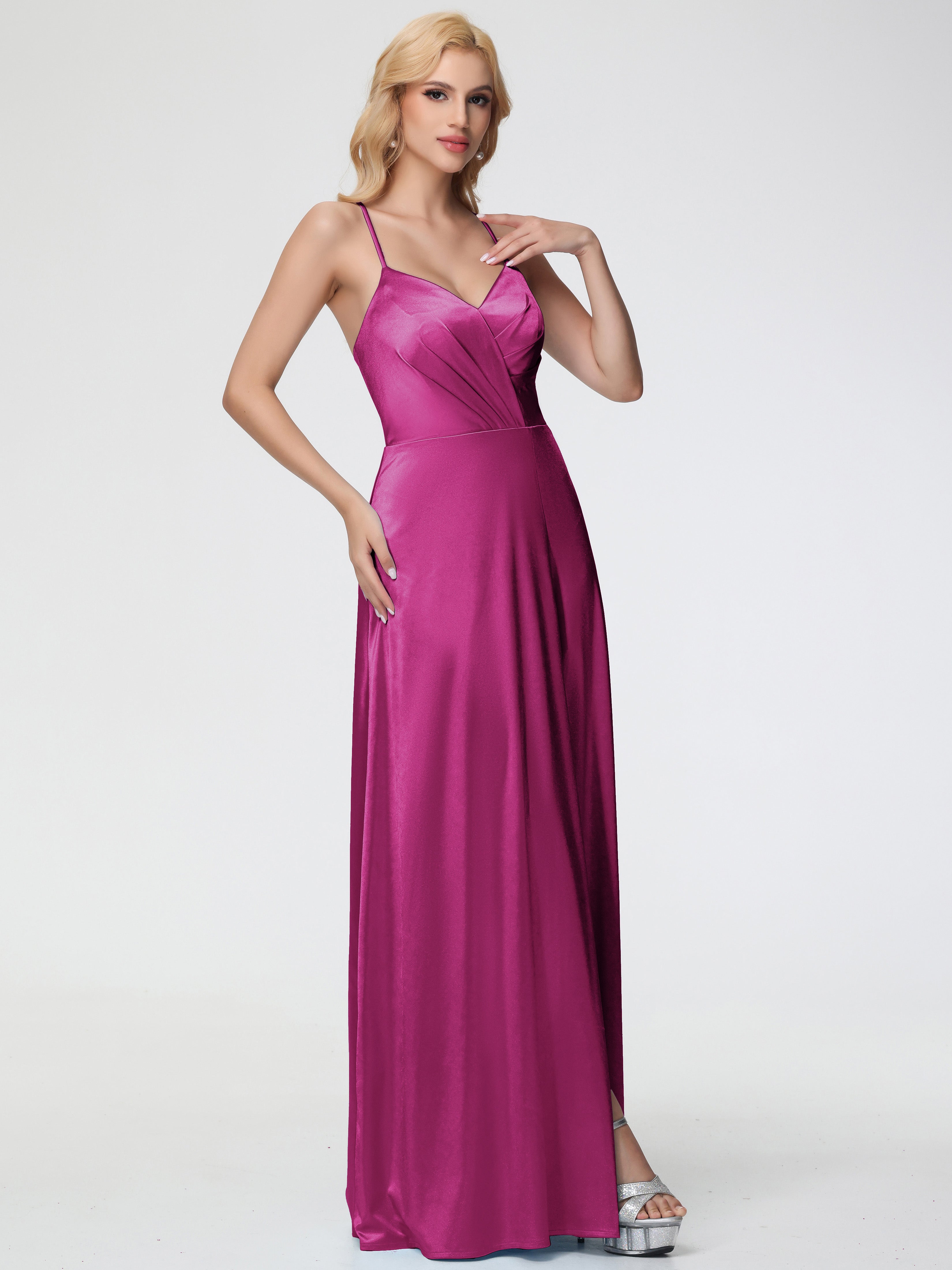 Robes De Demoiselle D'Honneur Rose Fuchsia Col V Bretelles Spaghetti Trapèze Fendue Satin Extensible Robe De Demoiselle D'Honneur