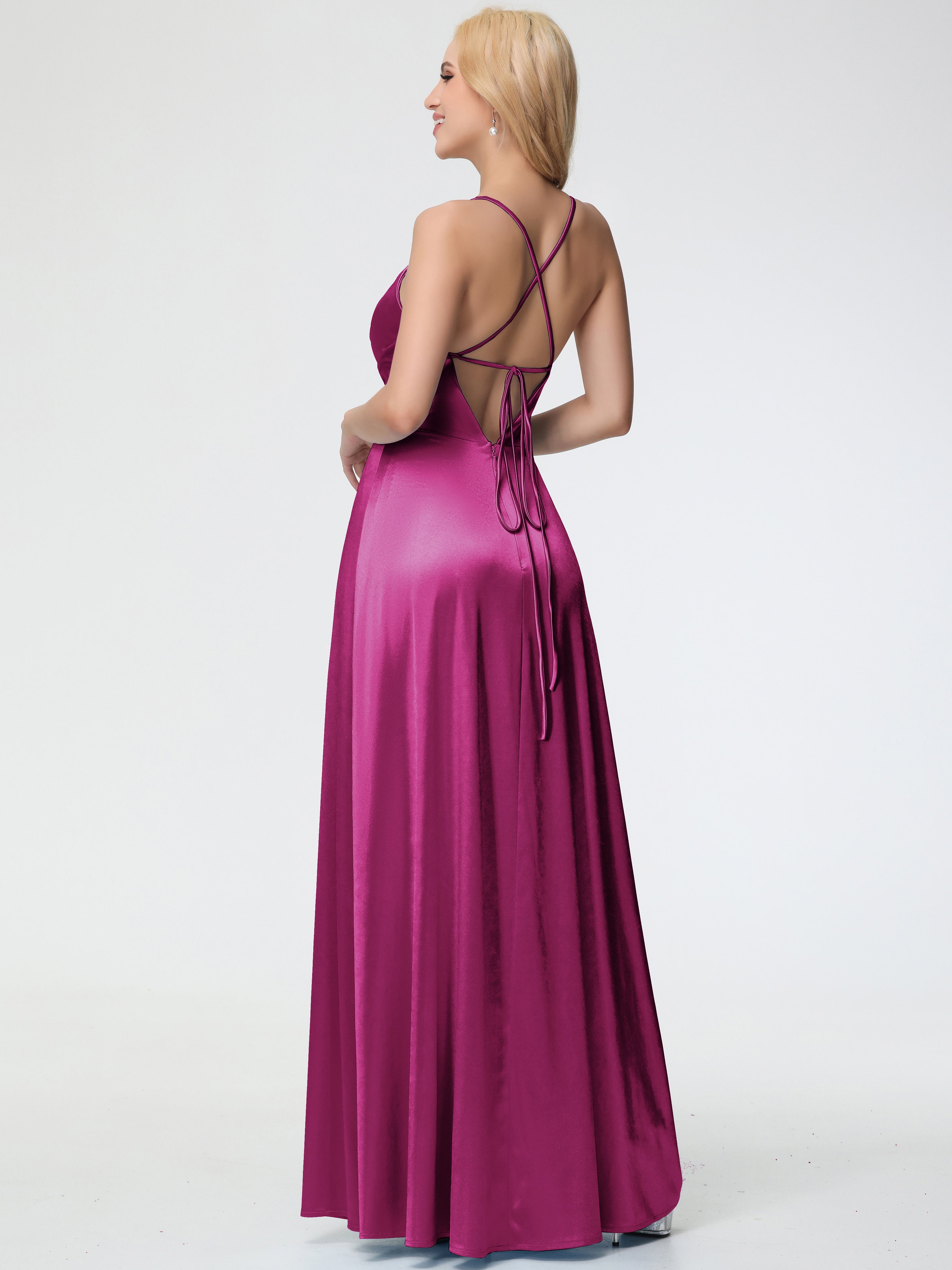 Robes De Demoiselle D'Honneur Rose Fuchsia Col V Bretelles Spaghetti Trapèze Fendue Satin Extensible Robe De Demoiselle D'Honneur