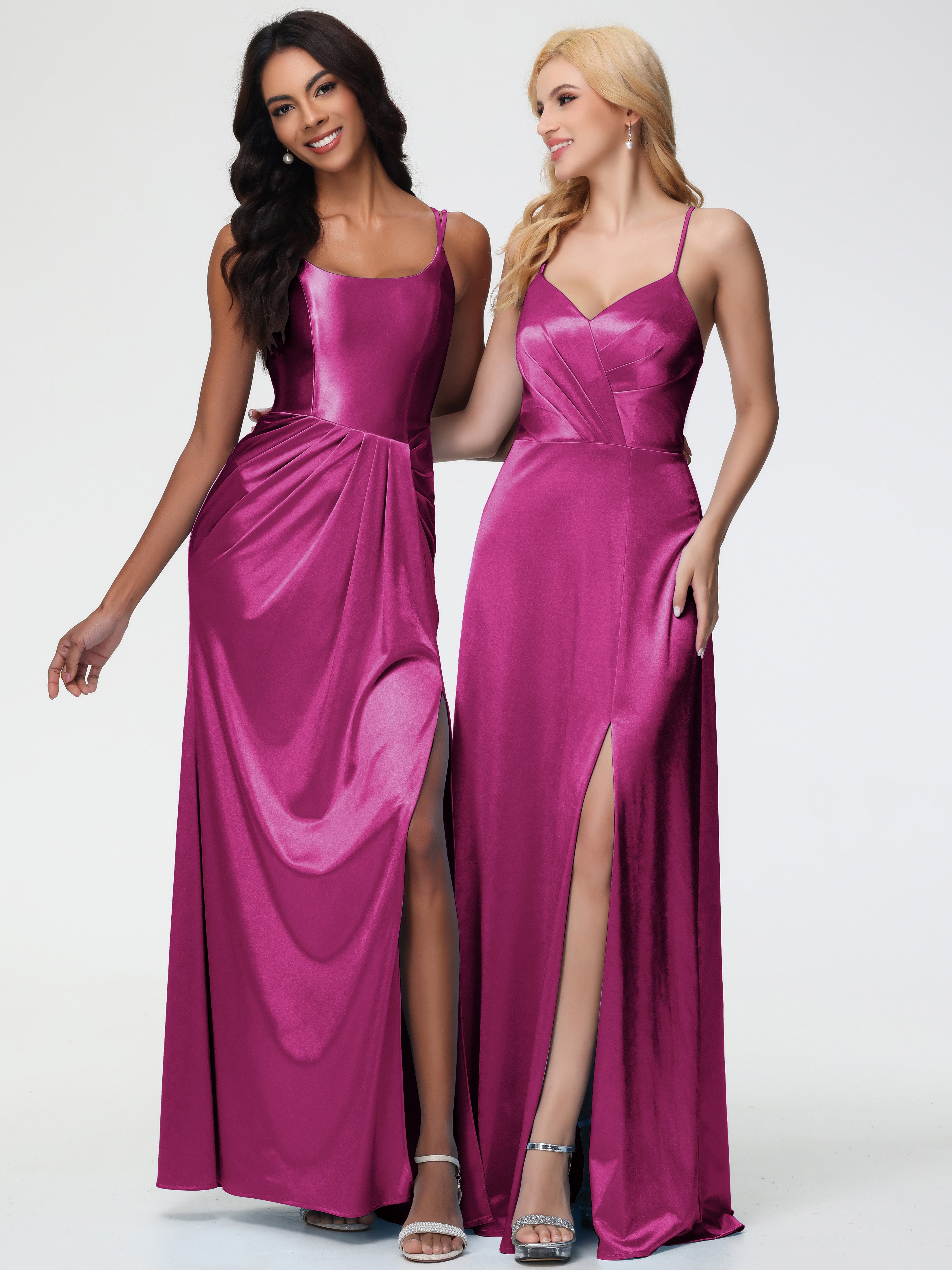 Robes De Demoiselle D'Honneur Rose Fuchsia Col V Bretelles Spaghetti Trapèze Fendue Satin Extensible Robe De Demoiselle D'Honneur