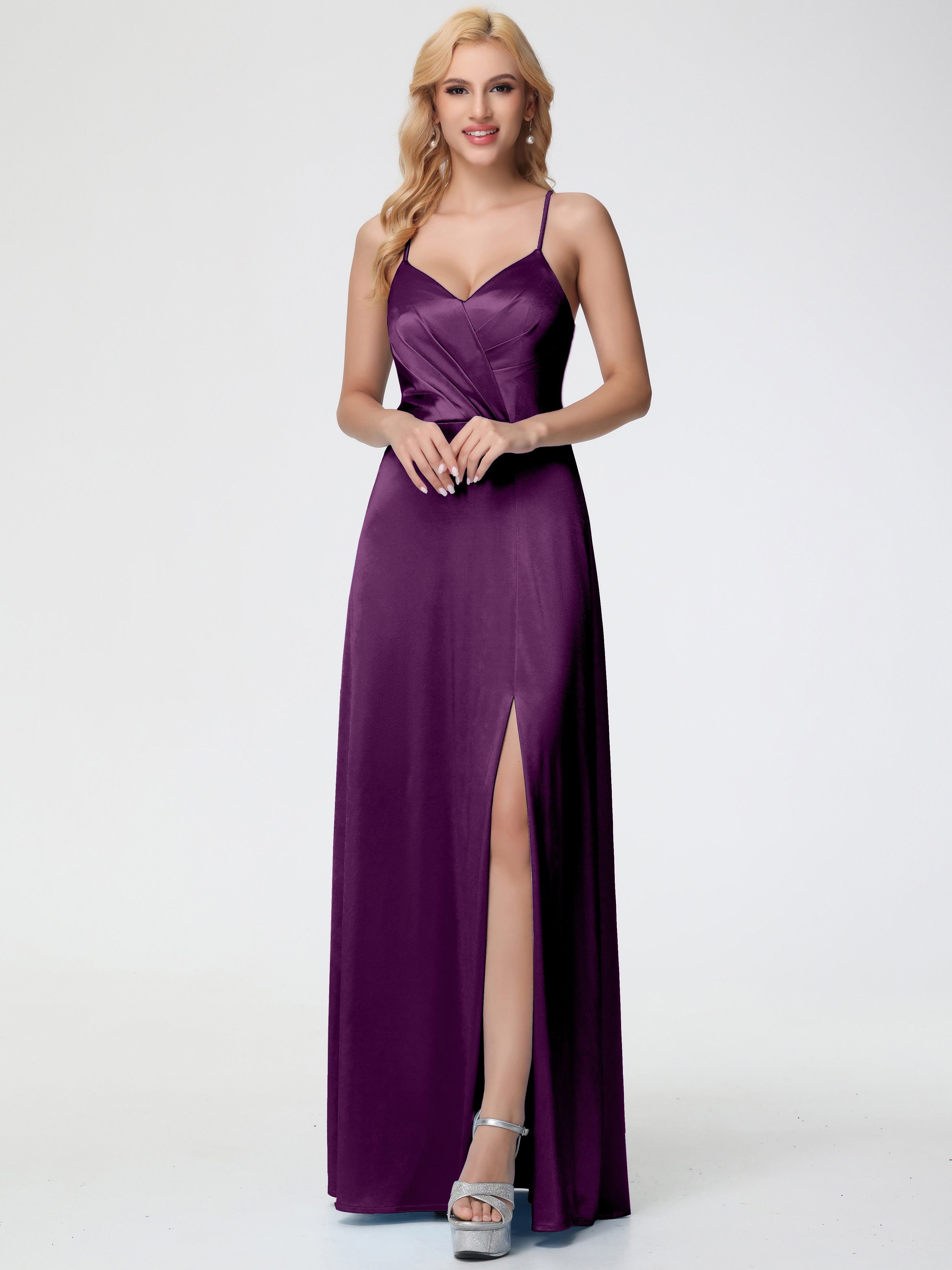 Robes De Demoiselle D'Honneur En Raisin Col V Bretelles Spaghetti Trapèze Fendue Satin Extensible Robe De Demoiselle D'Honneur