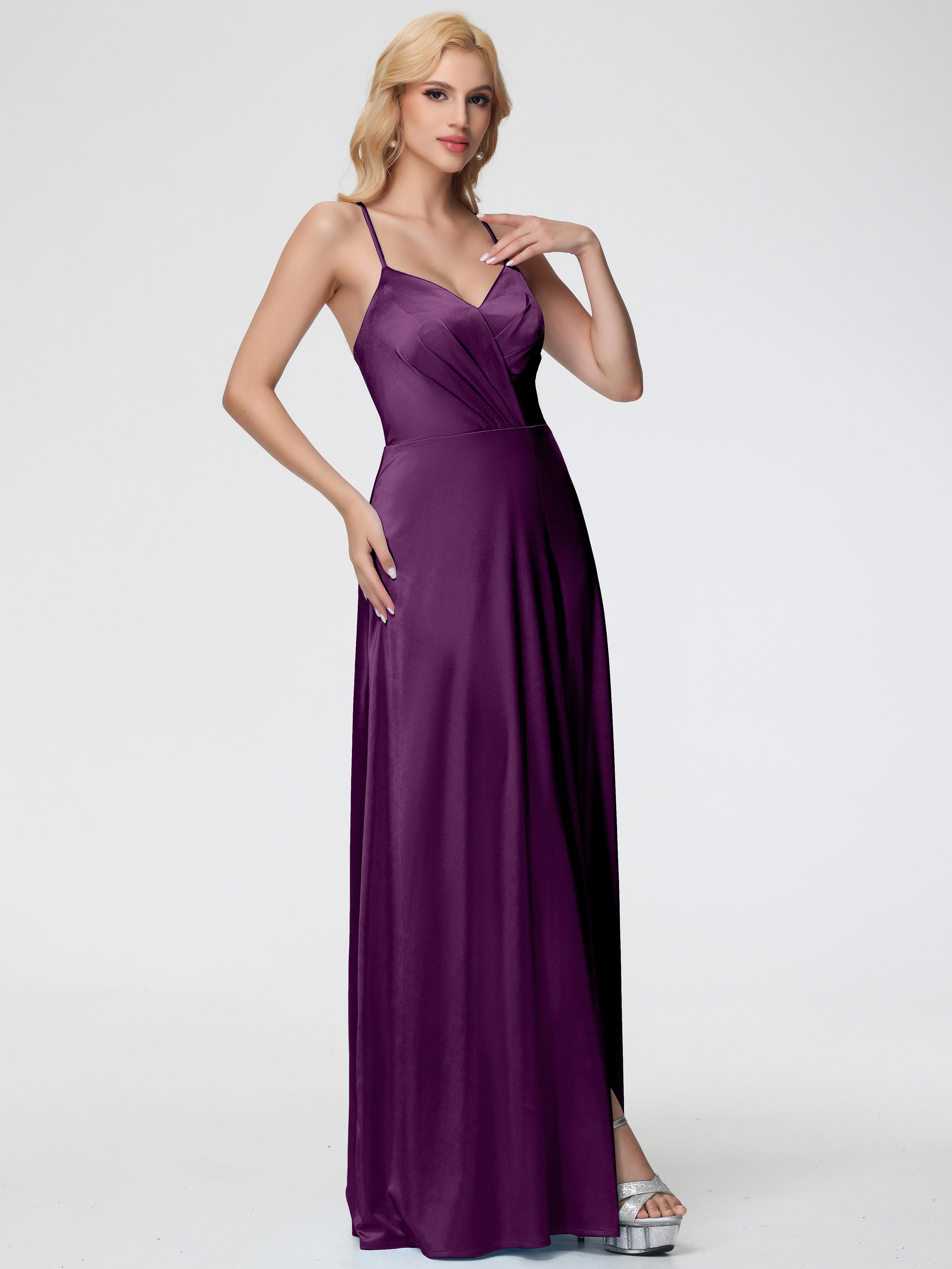 Robes De Demoiselle D'Honneur En Raisin Col V Bretelles Spaghetti Trapèze Fendue Satin Extensible Robe De Demoiselle D'Honneur