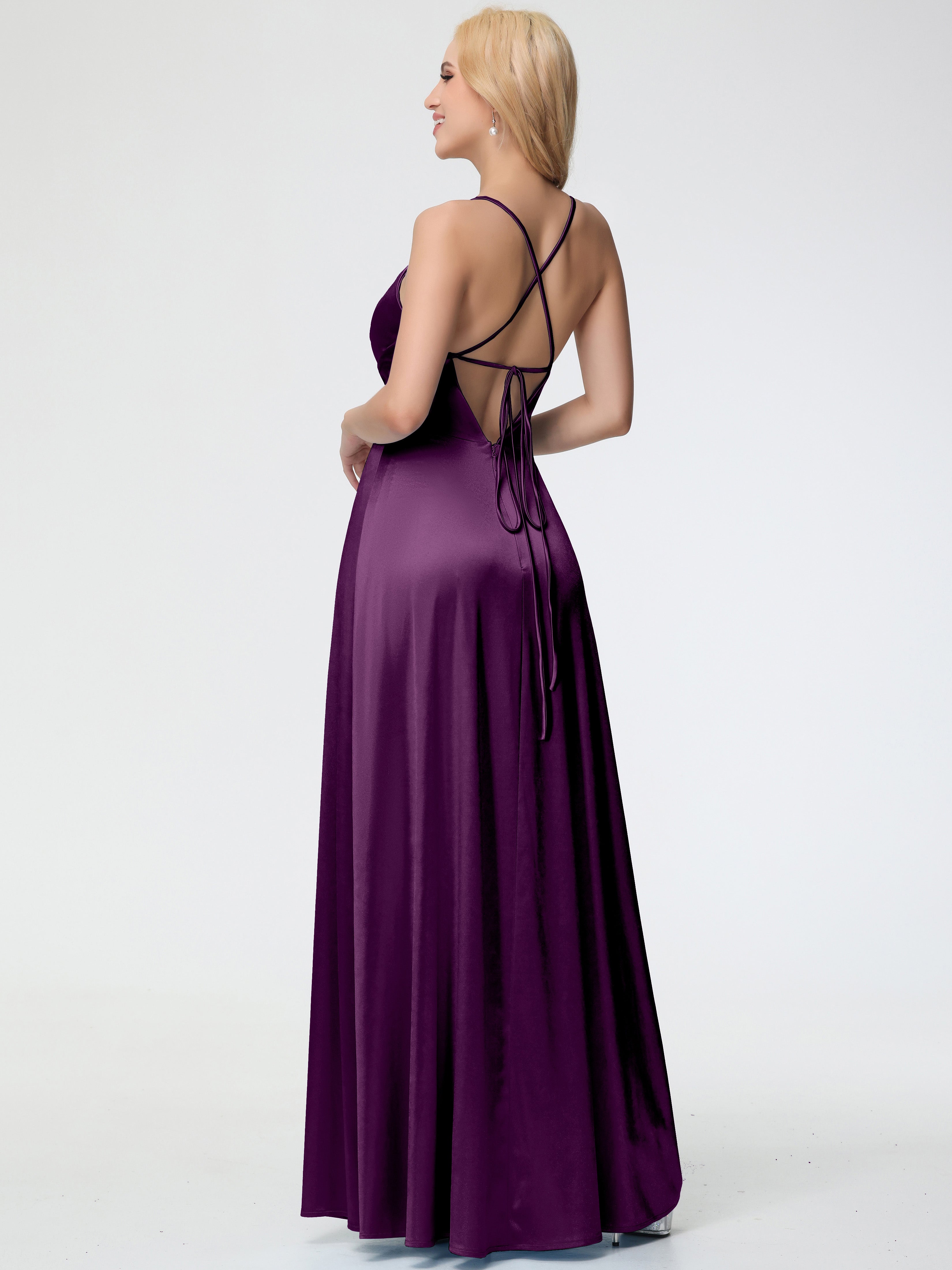 Robes De Demoiselle D'Honneur En Raisin Col V Bretelles Spaghetti Trapèze Fendue Satin Extensible Robe De Demoiselle D'Honneur