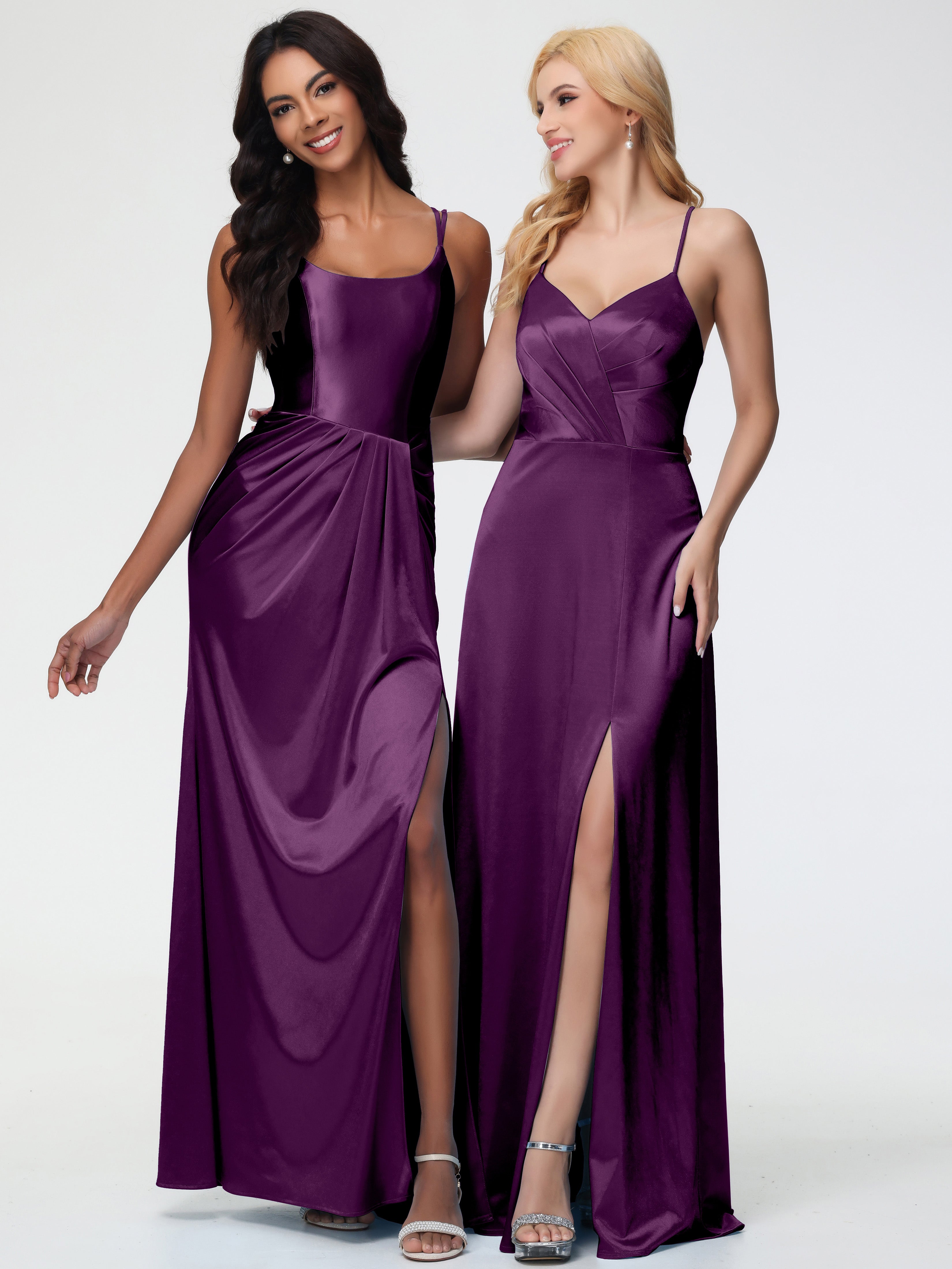 Robes De Demoiselle D'Honneur En Raisin Col V Bretelles Spaghetti Trapèze Fendue Satin Extensible Robe De Demoiselle D'Honneur