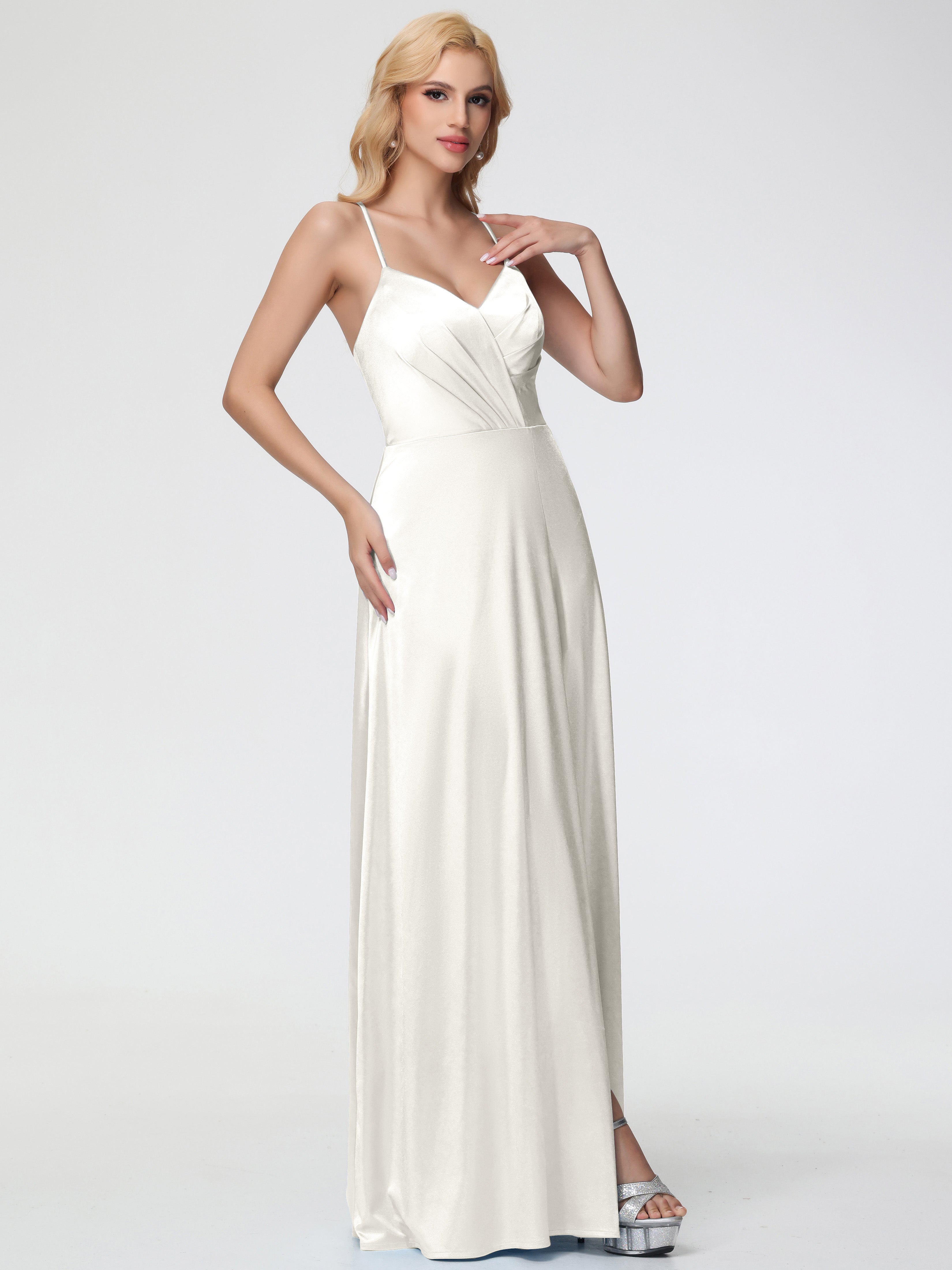 Robes De Demoiselle D'Honneur Ivoire Col V Bretelles Spaghetti Trapèze Fendue Satin Extensible Robe De Demoiselle D'Honneur