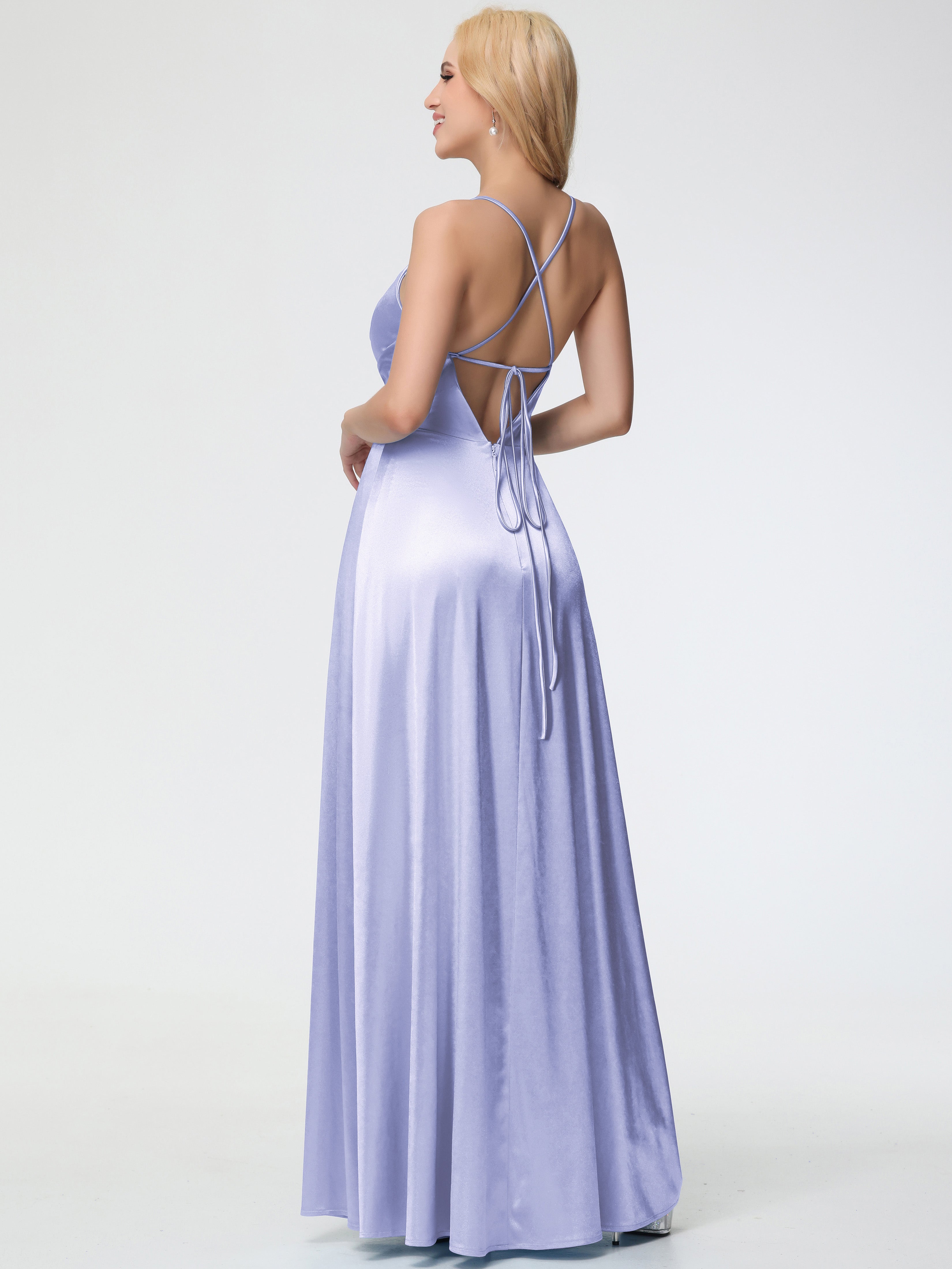 Robes De Demoiselle D'Honneur Lavande Col V Bretelles Spaghetti Trapèze Fendue Satin Extensible Robe De Demoiselle D'Honneur