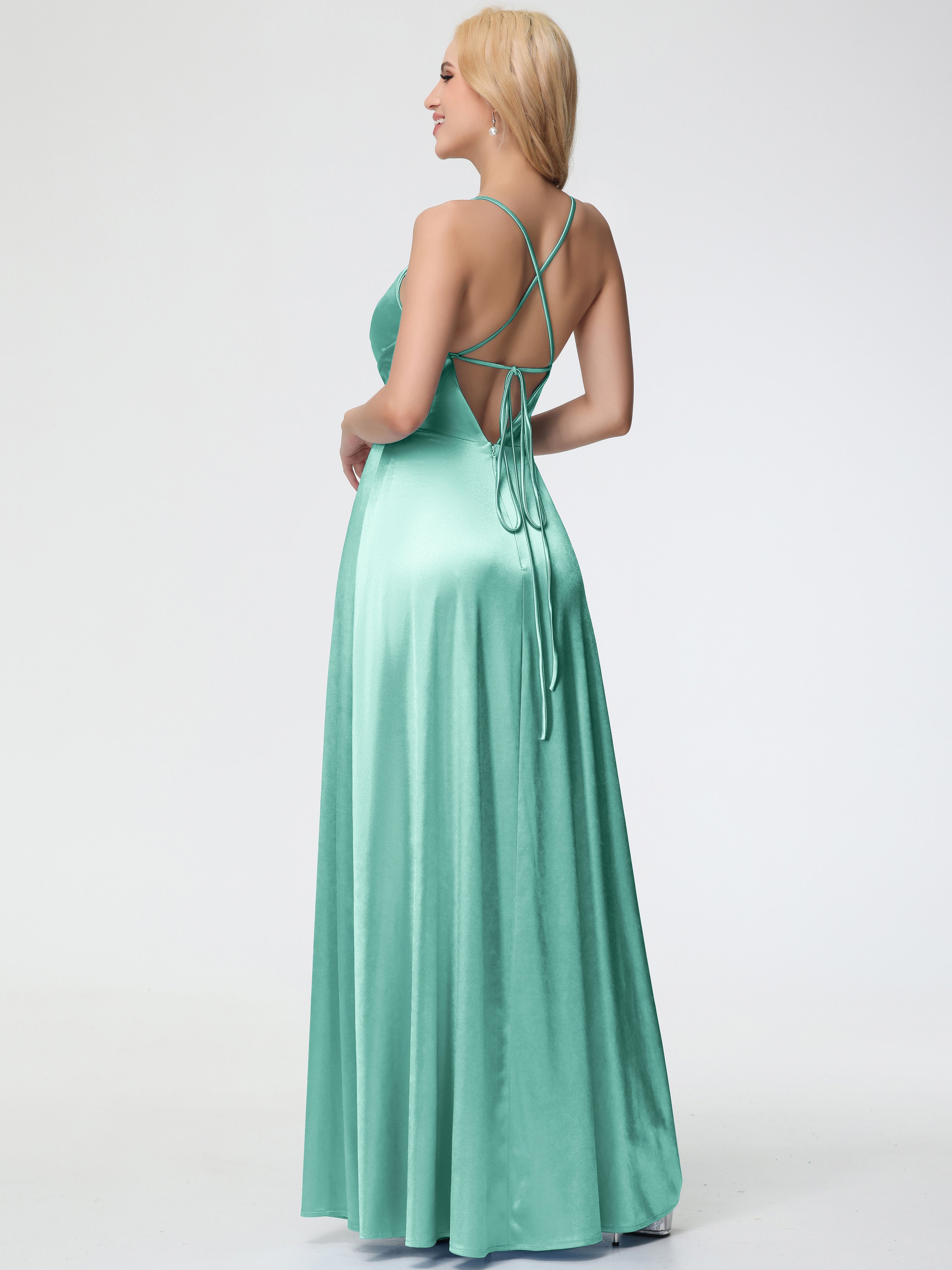 Robes De Demoiselle D'Honneur Vert Menthe Col V Bretelles Spaghetti Trapèze Fendue Satin Extensible Robe De Demoiselle D'Honneur