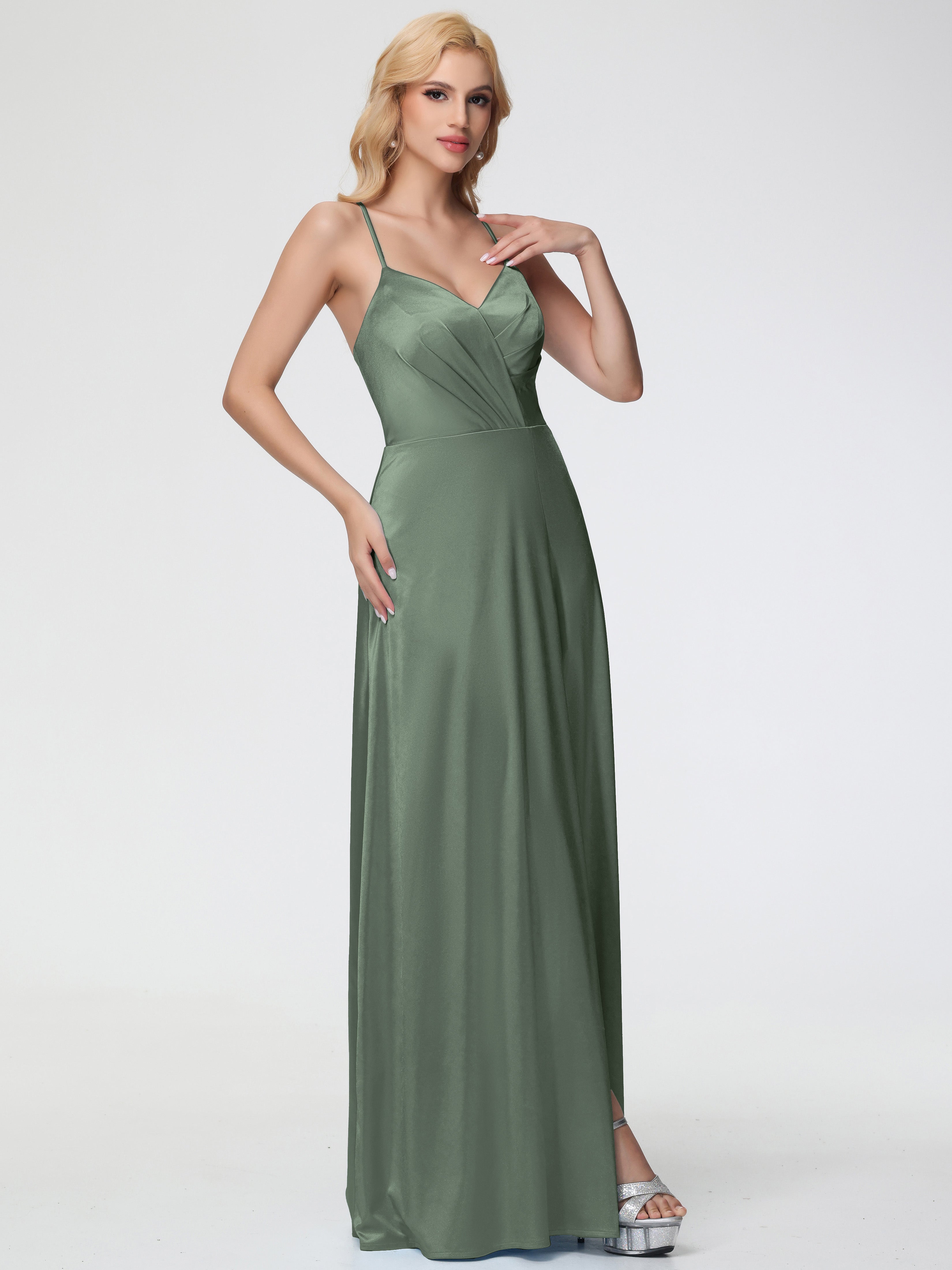 Robes De Demoiselle D'Honneur Olive Col V Bretelles Spaghetti Trapèze Fendue Satin Extensible Robe De Demoiselle D'Honneur