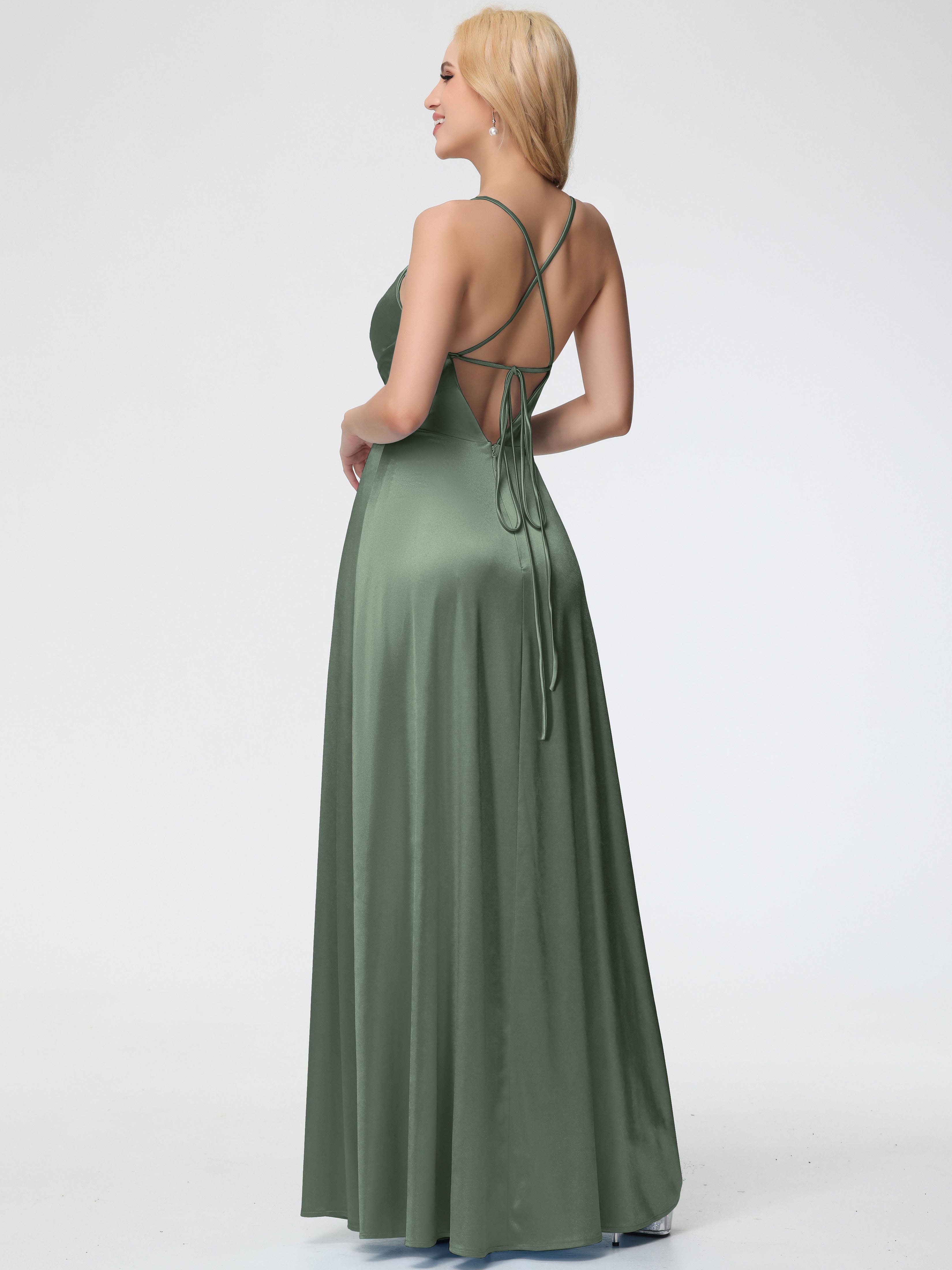 Robes De Demoiselle D'Honneur Olive Col V Bretelles Spaghetti Trapèze Fendue Satin Extensible Robe De Demoiselle D'Honneur