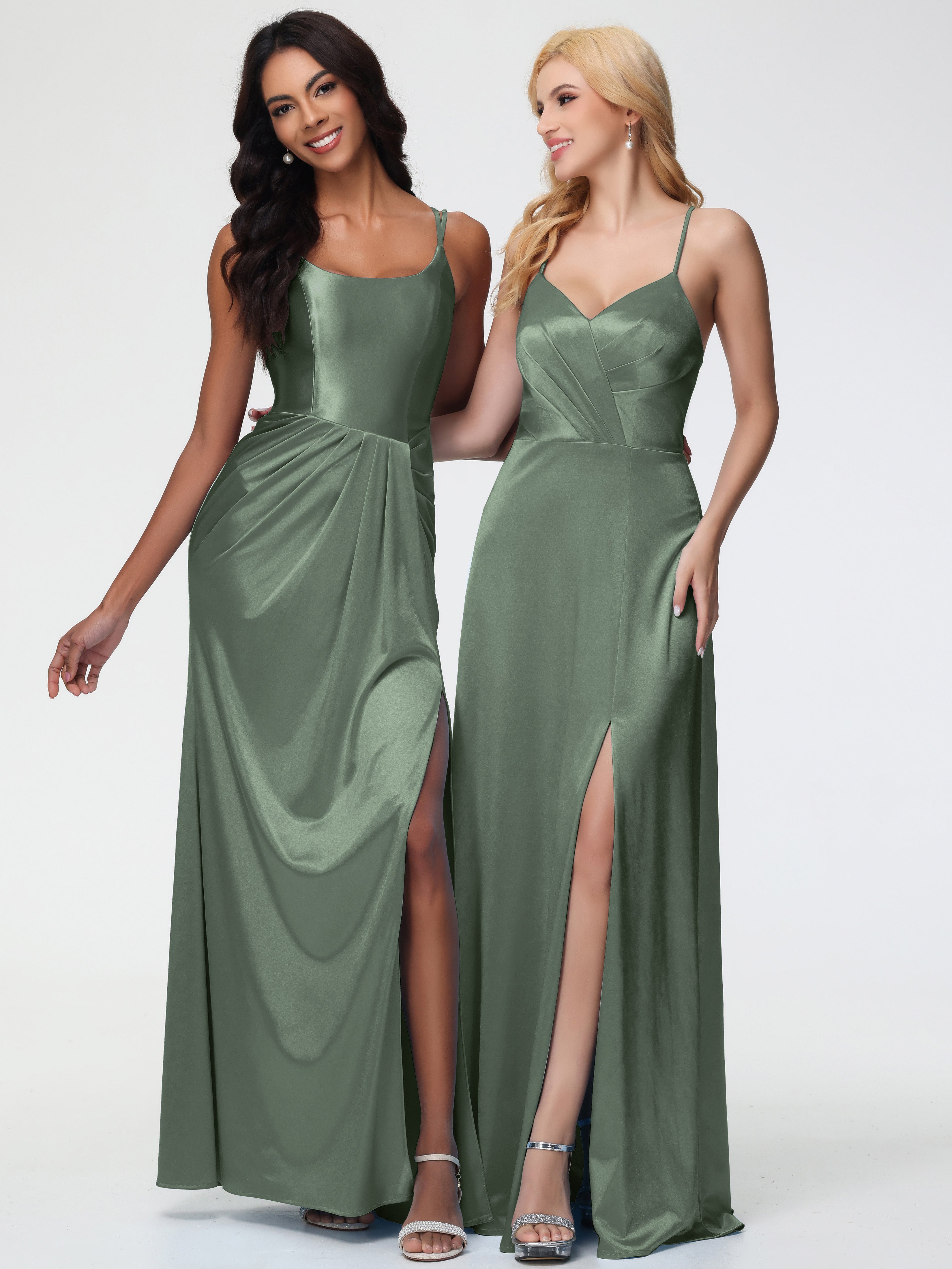 Robes De Demoiselle D'Honneur Olive Col V Bretelles Spaghetti Trapèze Fendue Satin Extensible Robe De Demoiselle D'Honneur