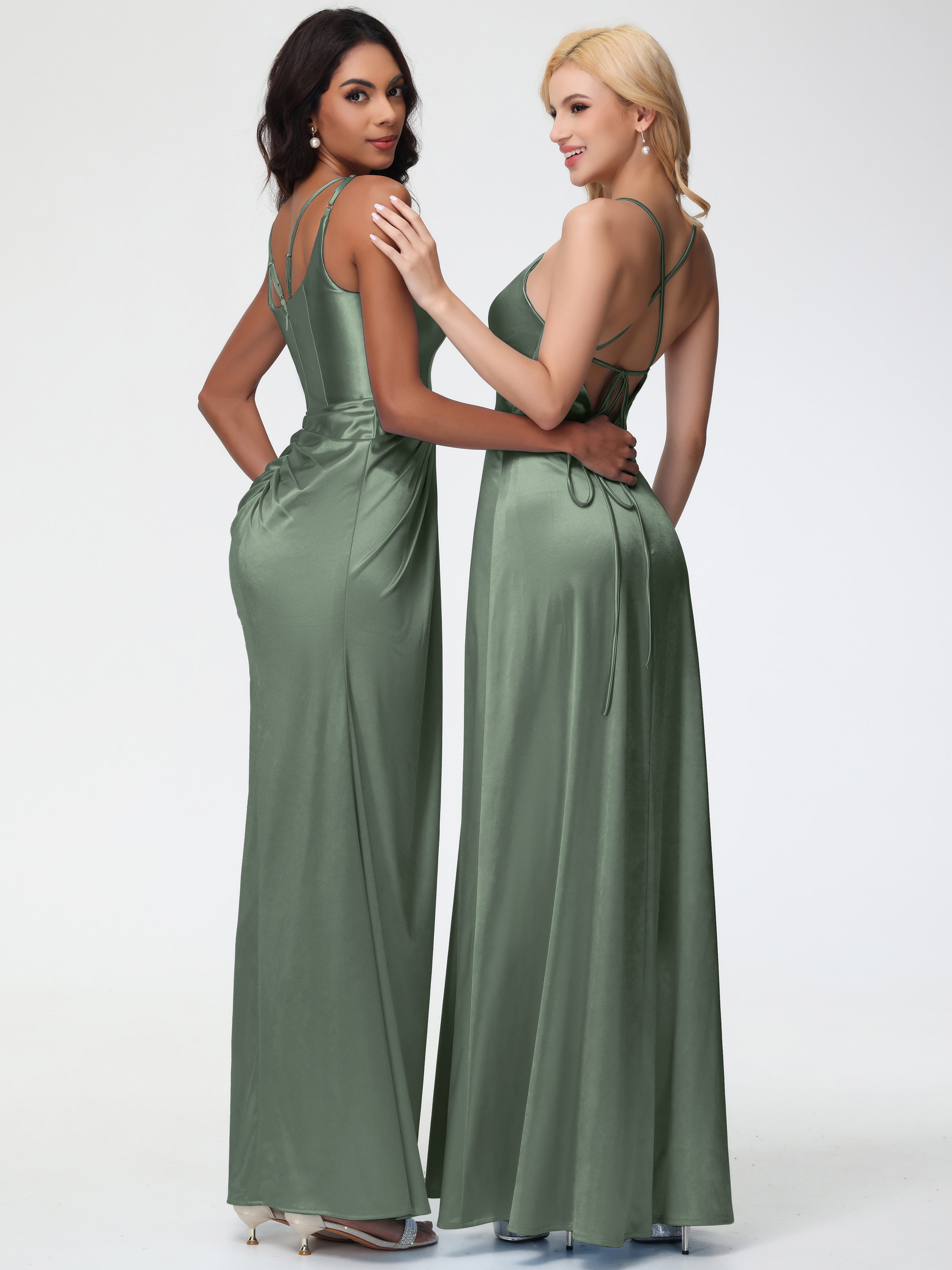 Robes De Demoiselle D'Honneur Olive Col V Bretelles Spaghetti Trapèze Fendue Satin Extensible Robe De Demoiselle D'Honneur