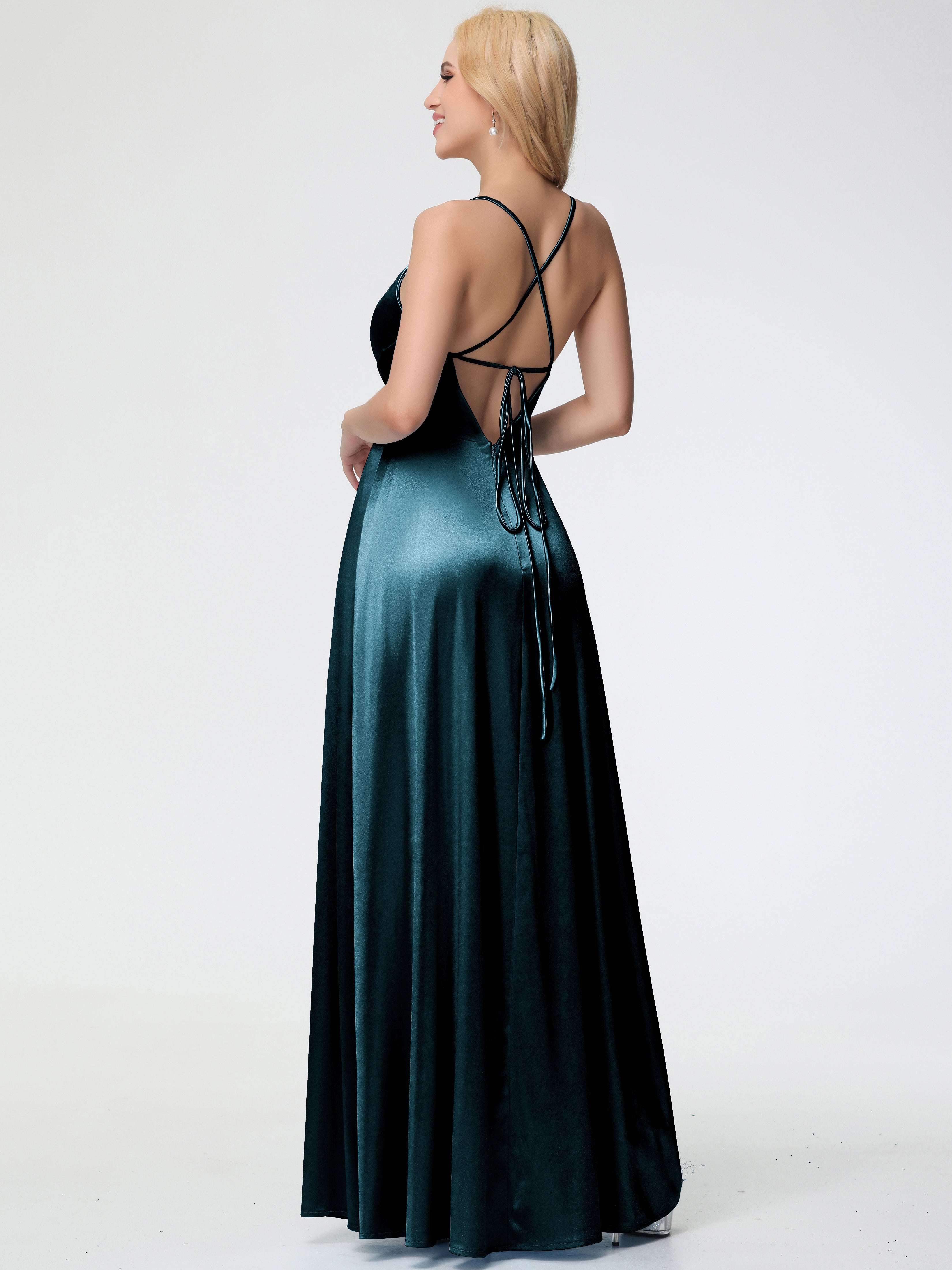 Demoiselle D'Honneur De Paon Col V Bretelles Spaghetti Trapèze Fendue Satin Extensible Robe De Demoiselle D'Honneur