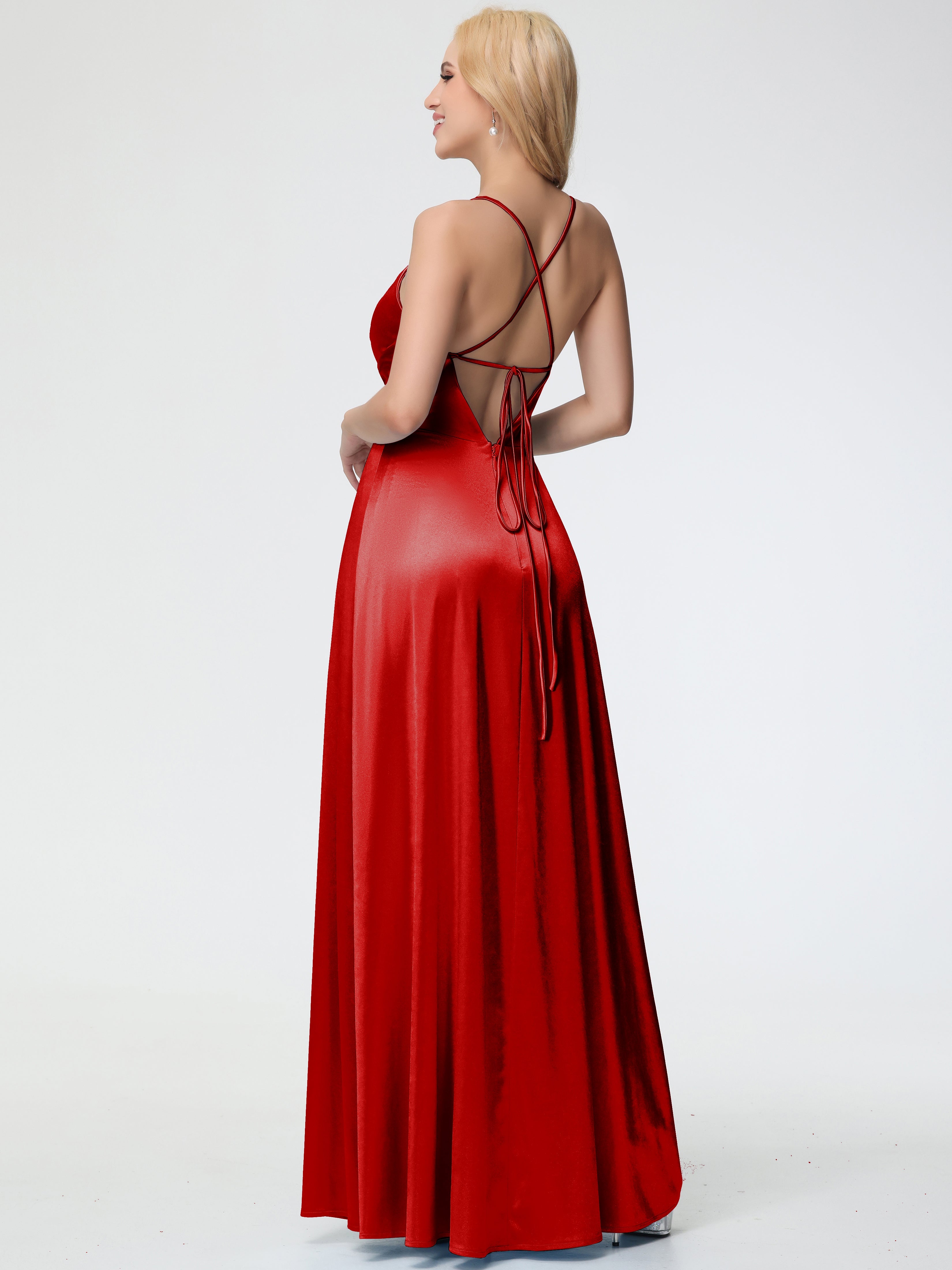 Robe Demoiselle D Honneur Rouge Pas Cher Col V Bretelles Spaghetti Trapèze Fendue Satin Extensible Robe De Demoiselle D'Honneur