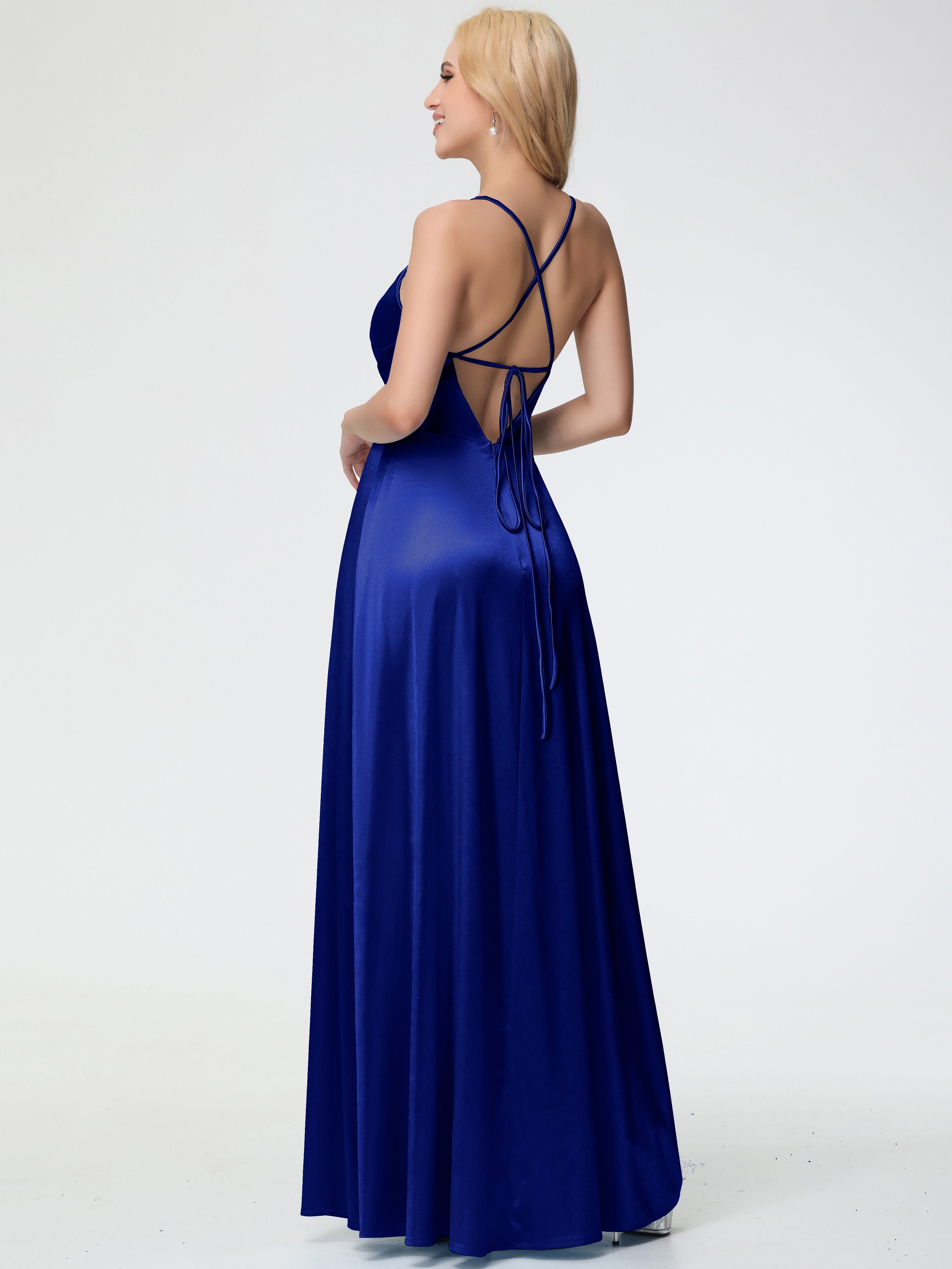 Robes De Demoiselle D'Honneur Bleu Royal Col V Bretelles Spaghetti Trapèze Fendue Satin Extensible Robe De Demoiselle D'Honneur