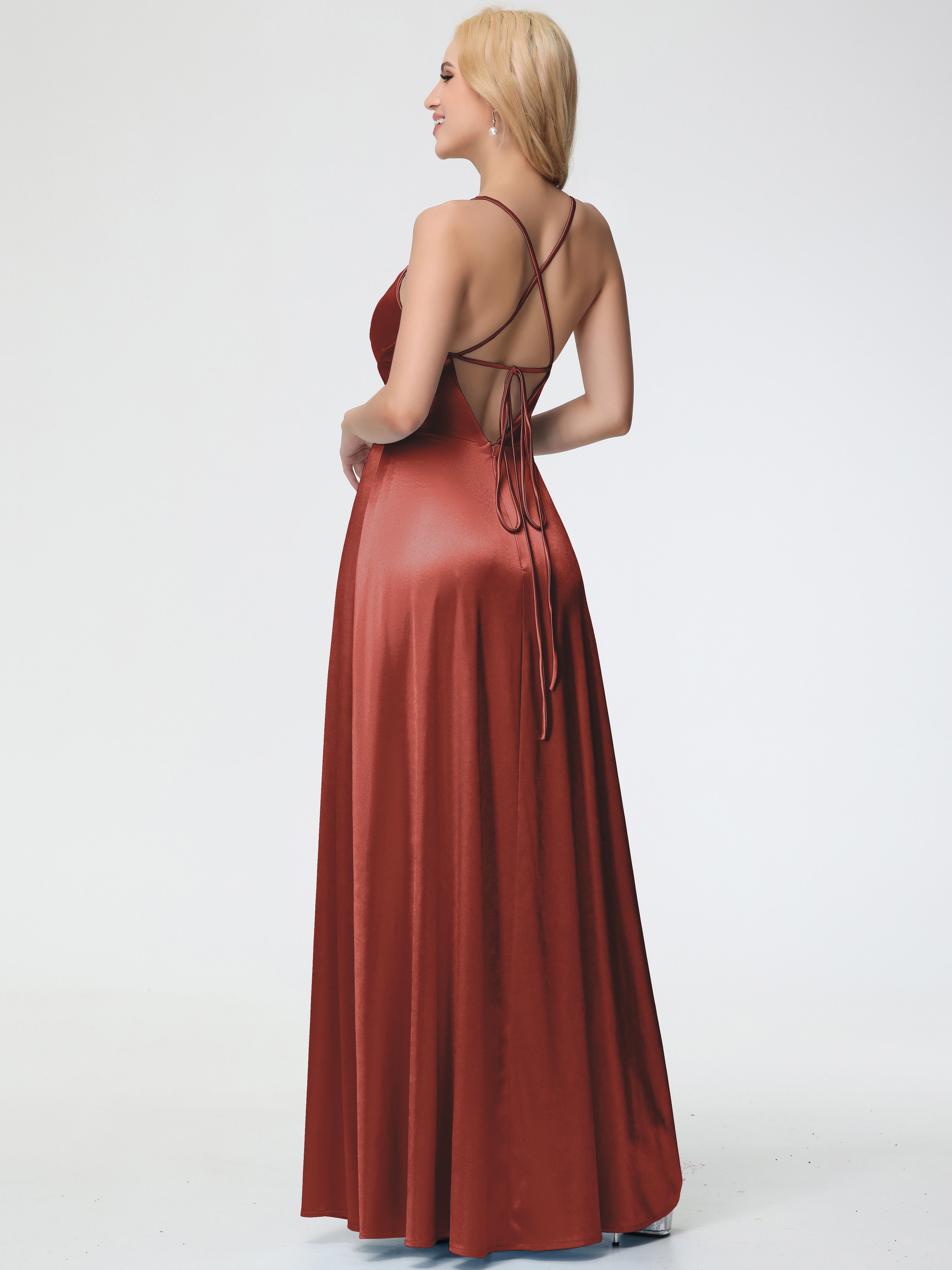 Demoiselle D'Honneur De Rouille Col V Bretelles Spaghetti Trapèze Fendue Satin Extensible Robe De Demoiselle D'Honneur