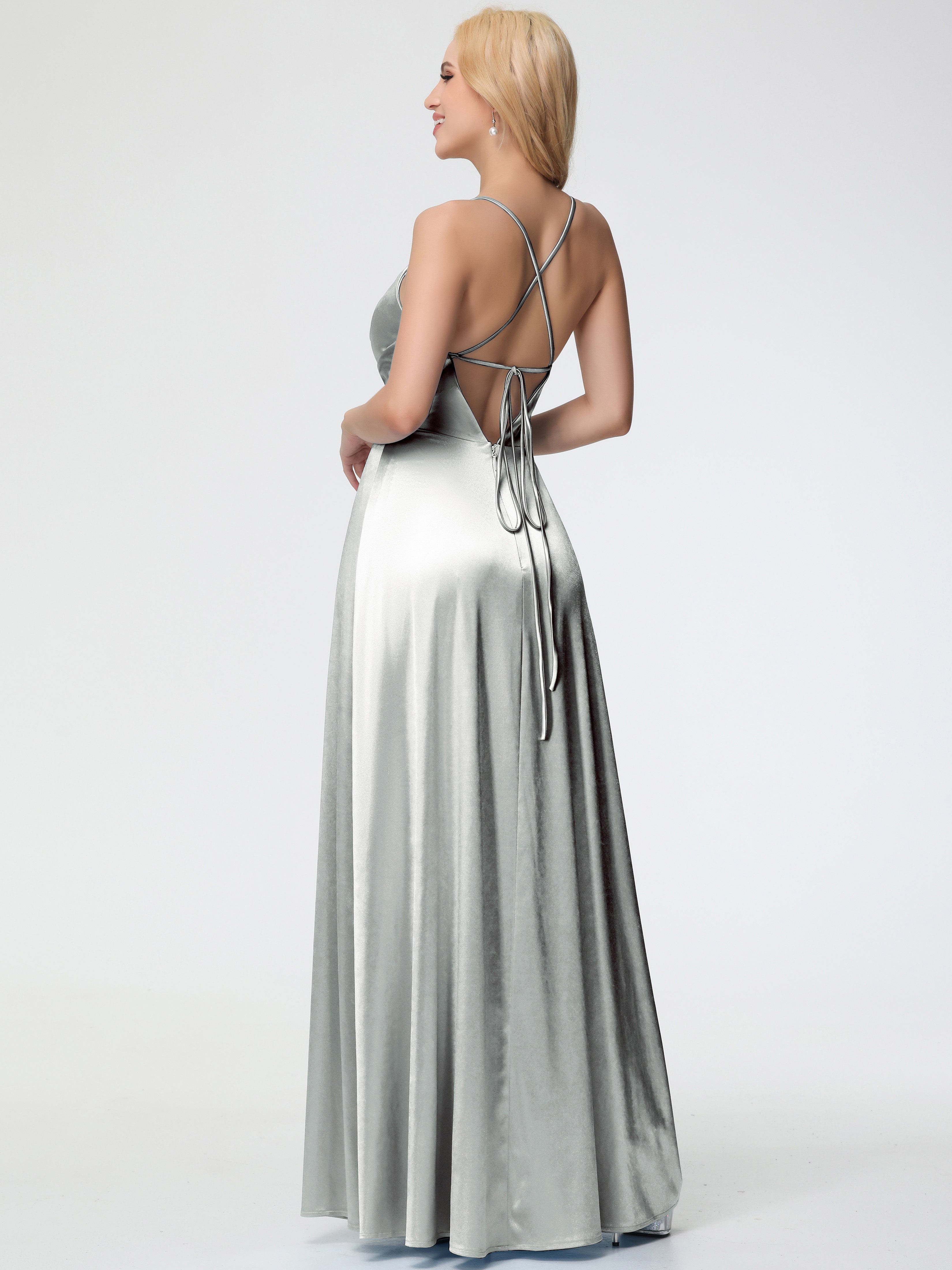 Robes De Demoiselle D'Honneur En Argent Col V Bretelles Spaghetti Trapèze Fendue Satin Extensible Robe De Demoiselle D'Honneur