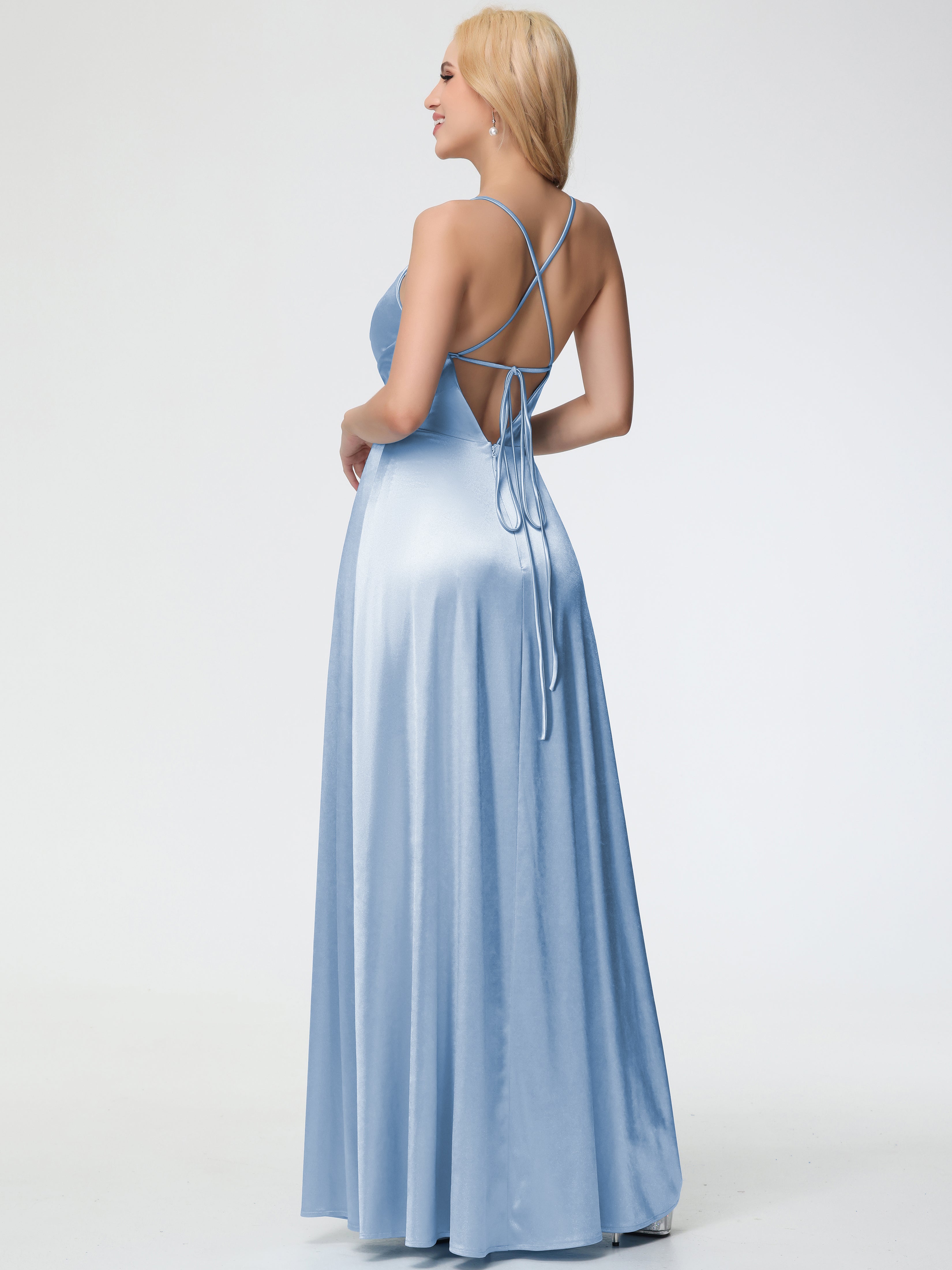 Robes De Demoiselle D'Honneur Bleu Ciel Col V Bretelles Spaghetti Trapèze Fendue Satin Extensible Robe De Demoiselle D'Honneur