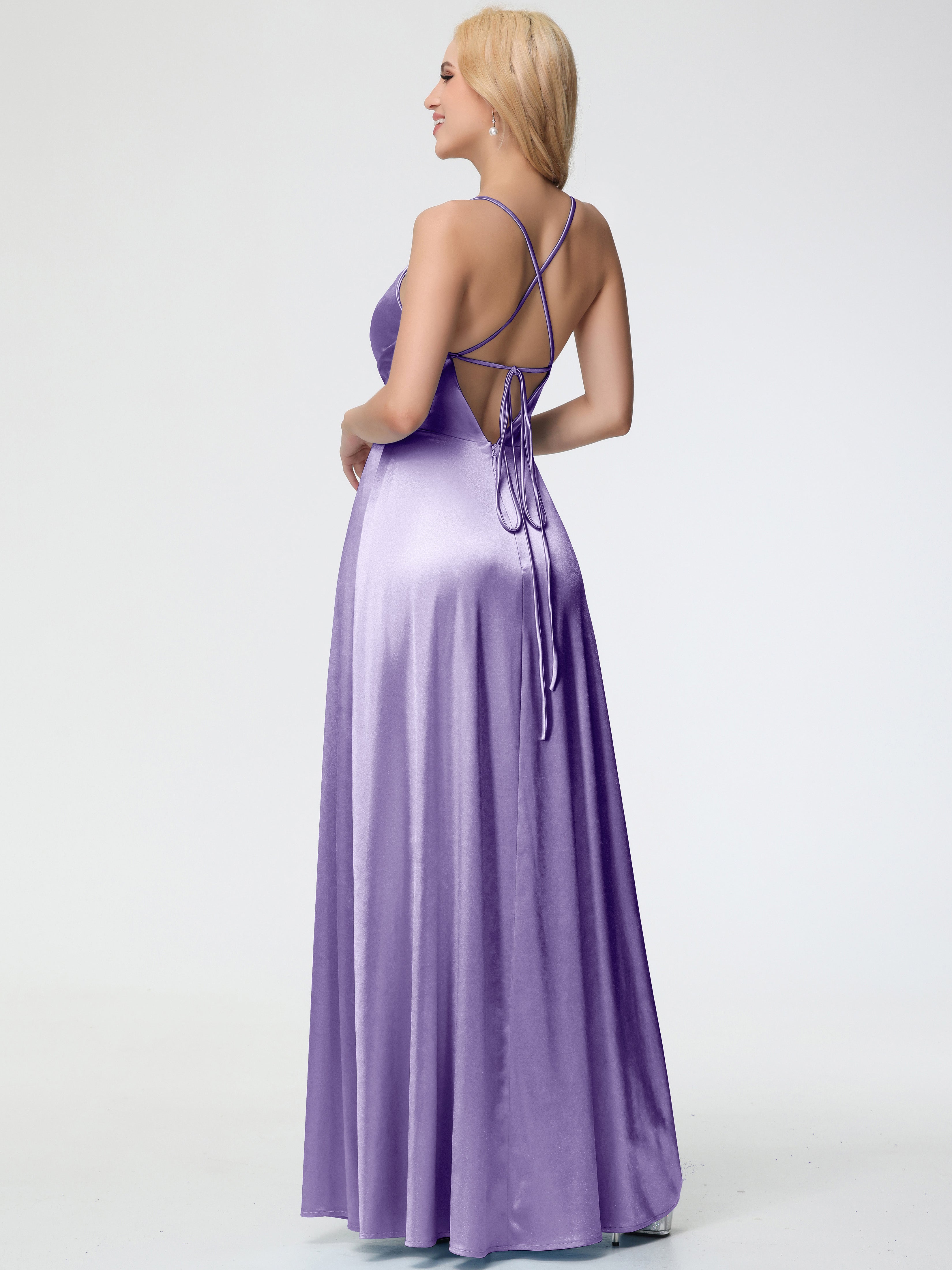 Robes De Demoiselle D'Honneur Tahiti Col V Bretelles Spaghetti Trapèze Fendue Satin Extensible Robe De Demoiselle D'Honneur