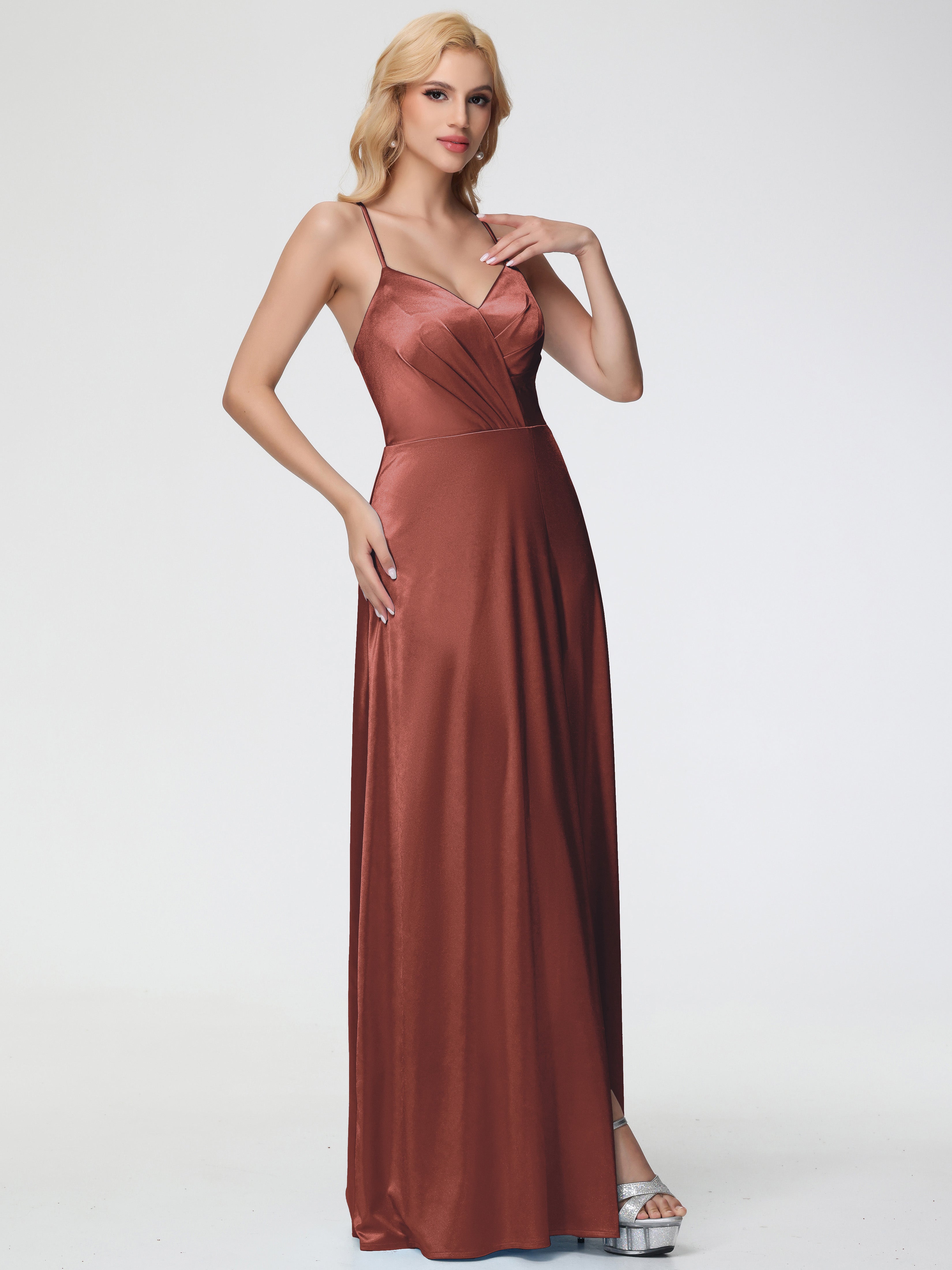 Robes De Demoiselle D'Honneur En Terre Cuite Col V Bretelles Spaghetti Trapèze Fendue Satin Extensible Robe De Demoiselle D'Honneur