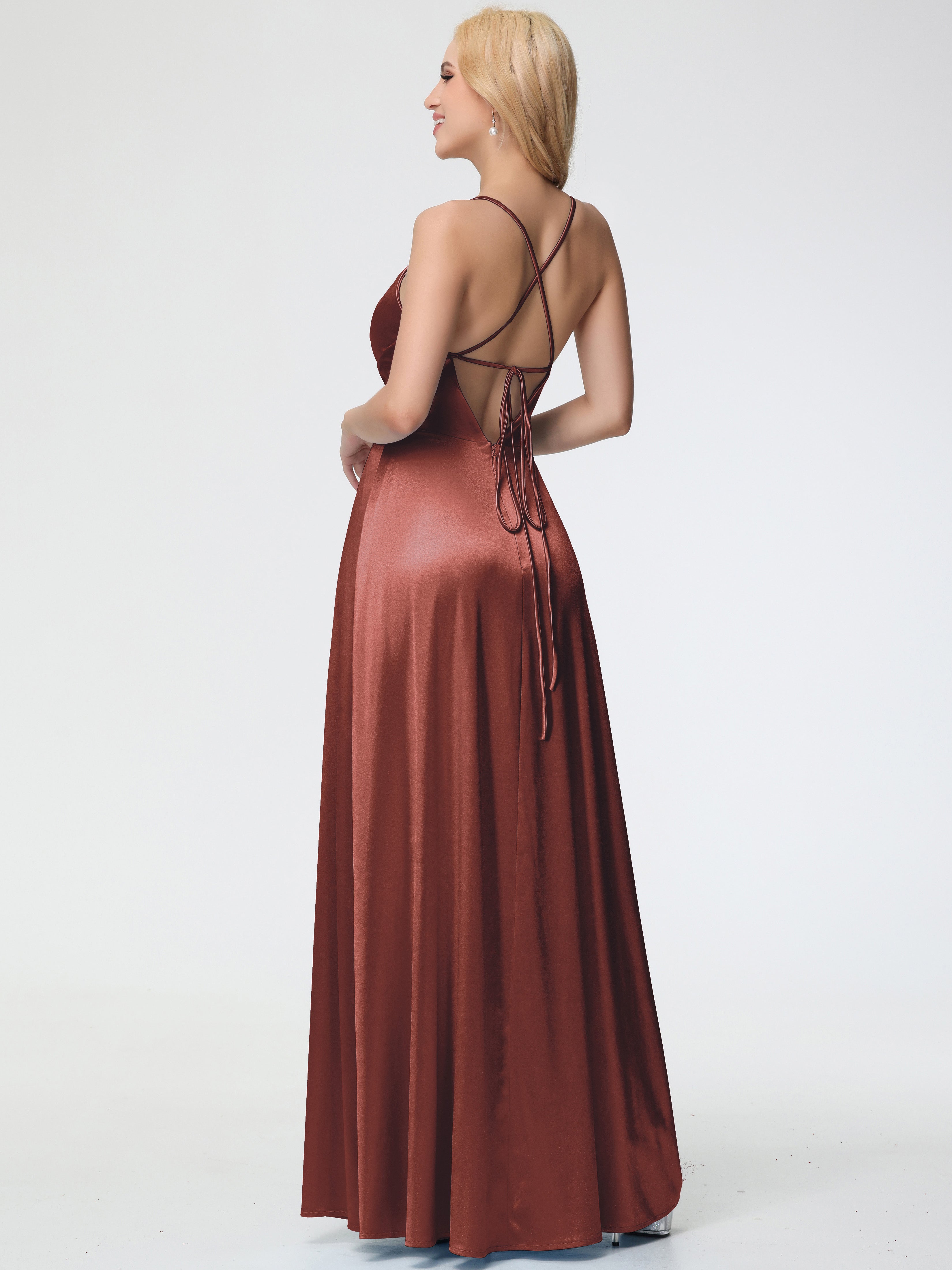 Robes De Demoiselle D'Honneur En Terre Cuite Col V Bretelles Spaghetti Trapèze Fendue Satin Extensible Robe De Demoiselle D'Honneur