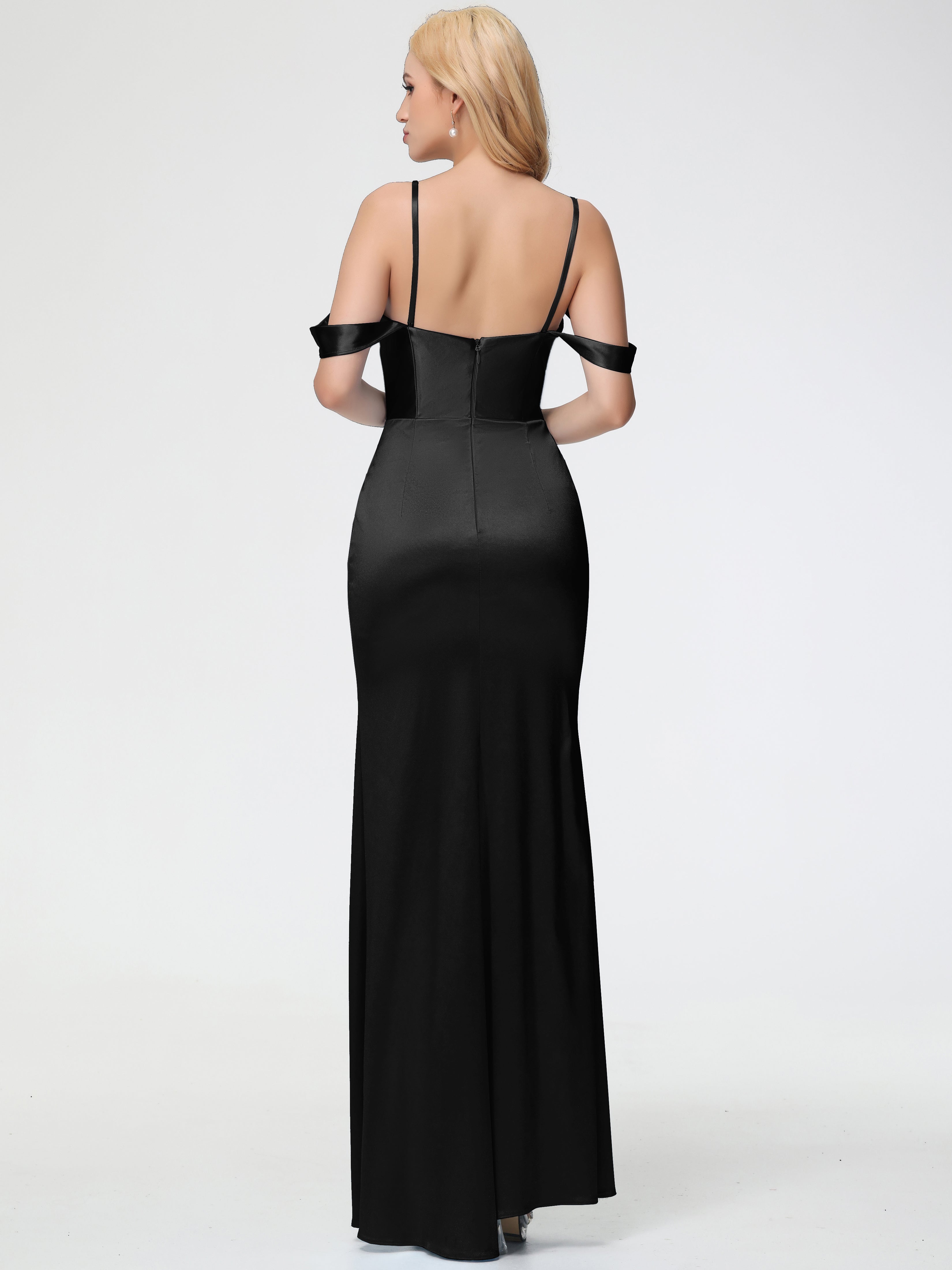 Longues Robes De Demoiselle D'Honneur Noires Cache Coeur Bretelles Amovibles Fourreau/Colonne Satin Extensible Robe De Demoiselle D'Honneur