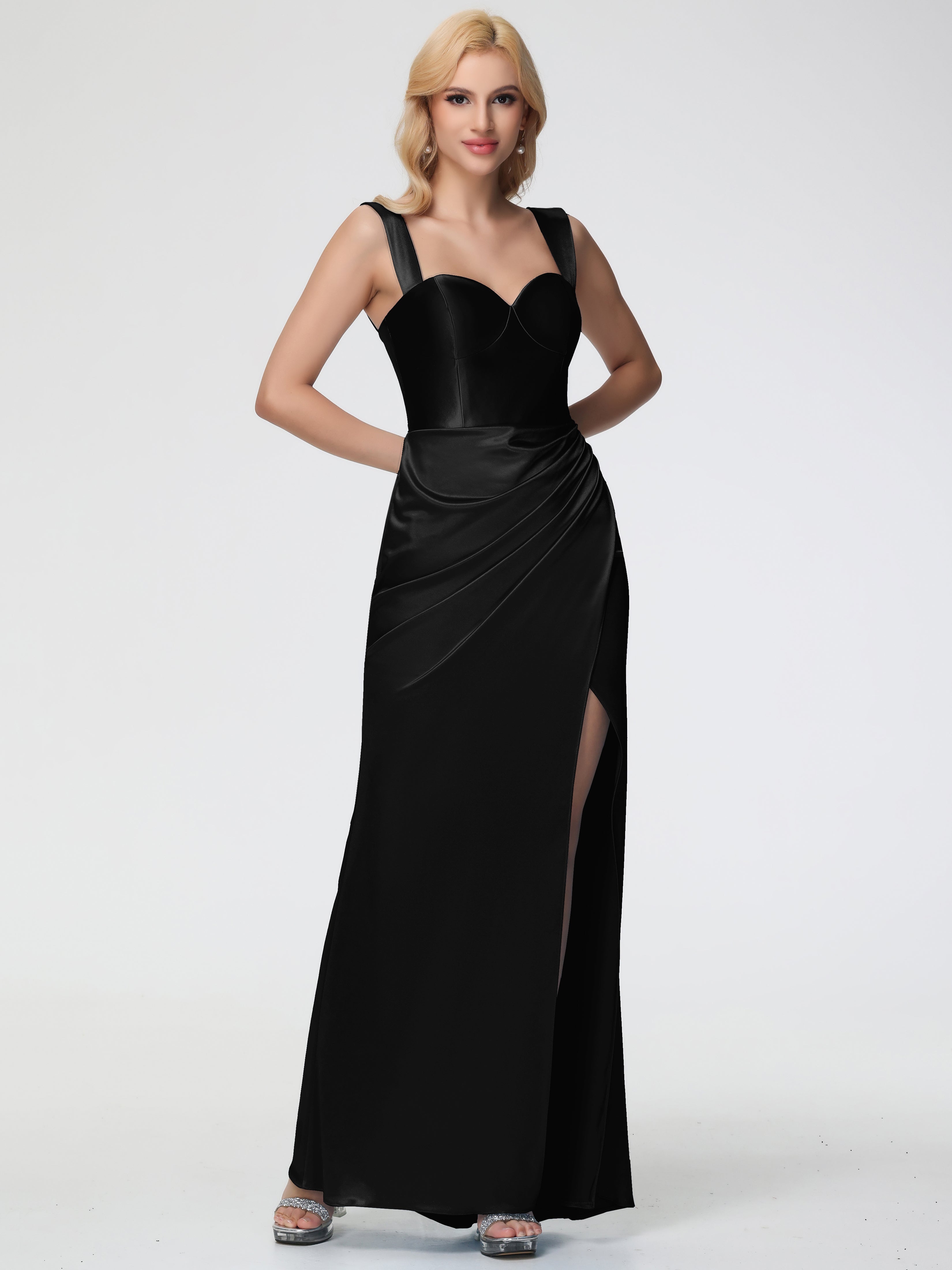 Longues Robes De Demoiselle D'Honneur Noires Cache Coeur Bretelles Amovibles Fourreau/Colonne Satin Extensible Robe De Demoiselle D'Honneur