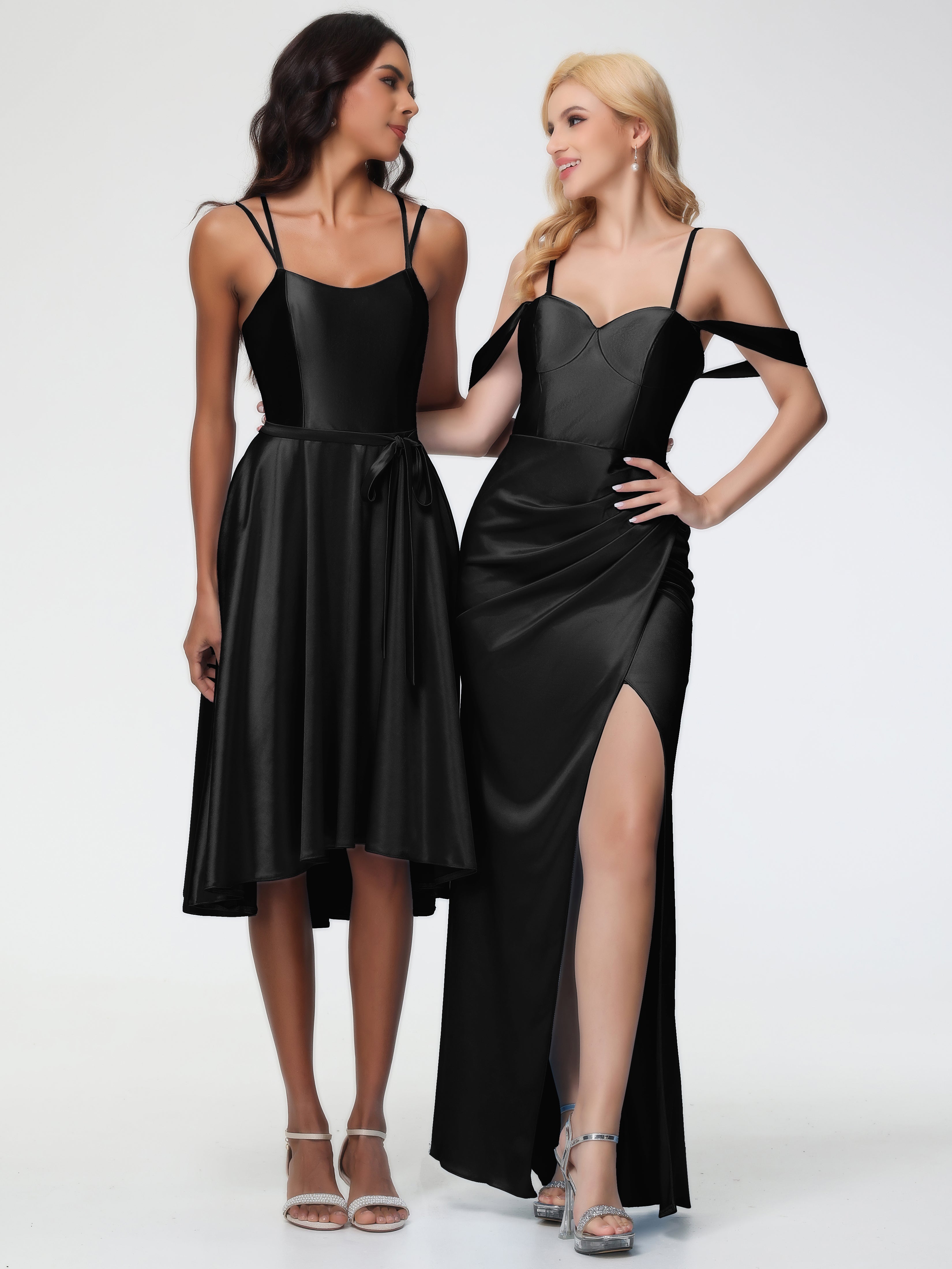 Longues Robes De Demoiselle D'Honneur Noires Cache Coeur Bretelles Amovibles Fourreau/Colonne Satin Extensible Robe De Demoiselle D'Honneur
