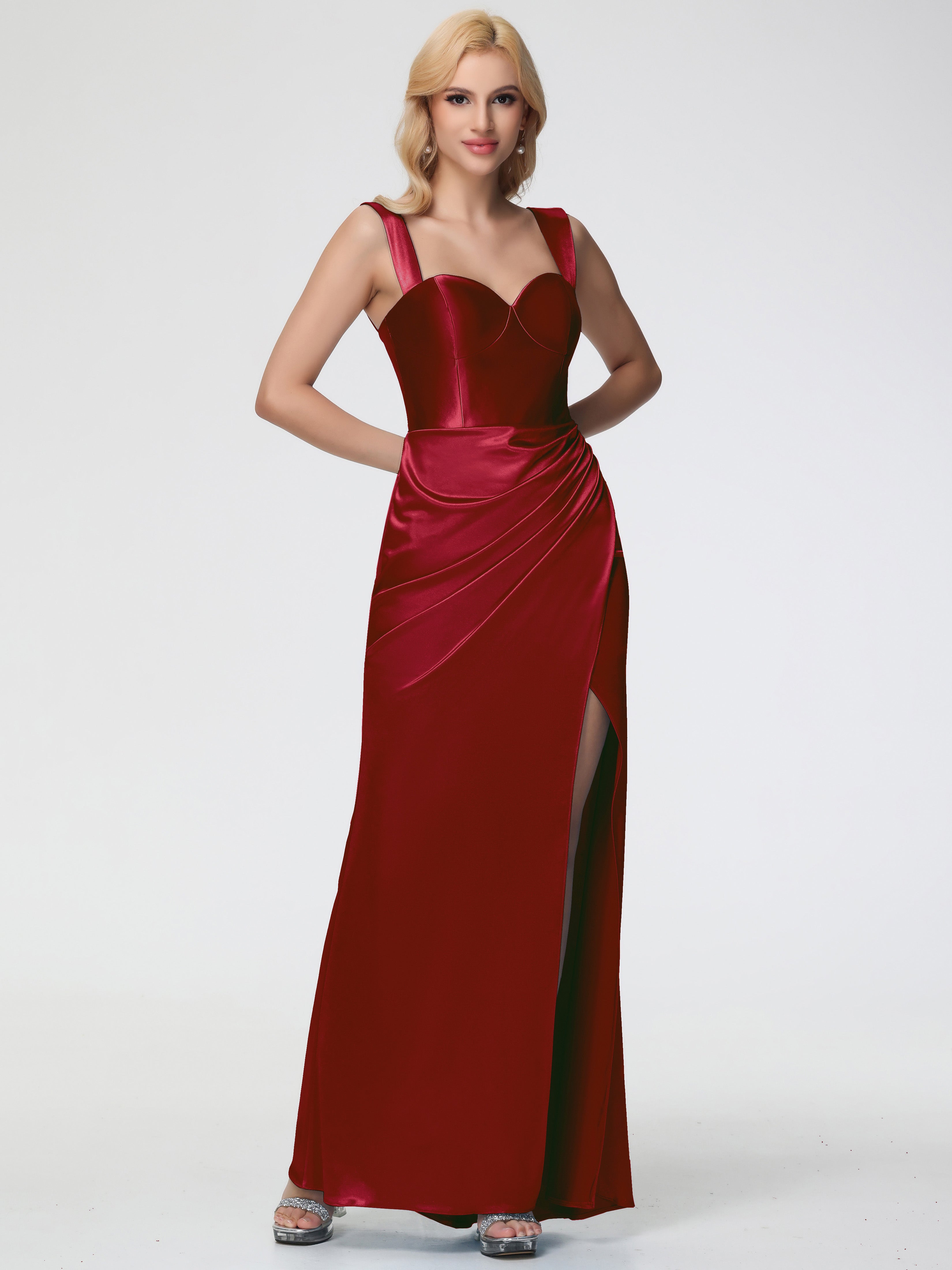 Robes De Demoiselle D'Honneur Bordeaux Cache Coeur Bretelles Amovibles Fourreau/Colonne Satin Extensible Robe De Demoiselle D'Honneur