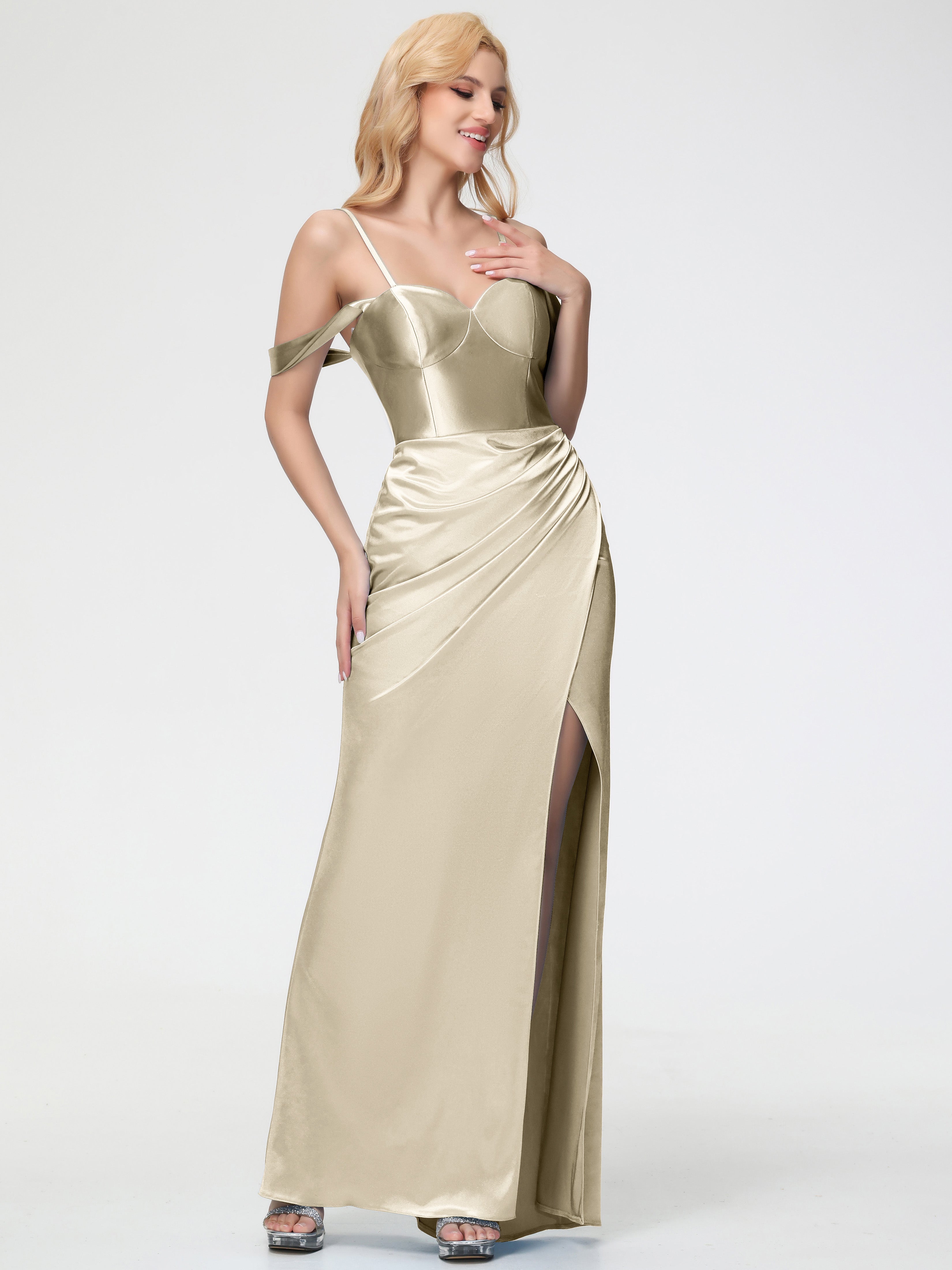 Robes De Demoiselle D'Honneur Champagne Cache Coeur Bretelles Amovibles Fourreau/Colonne Satin Extensible Robe De Demoiselle D'Honneur