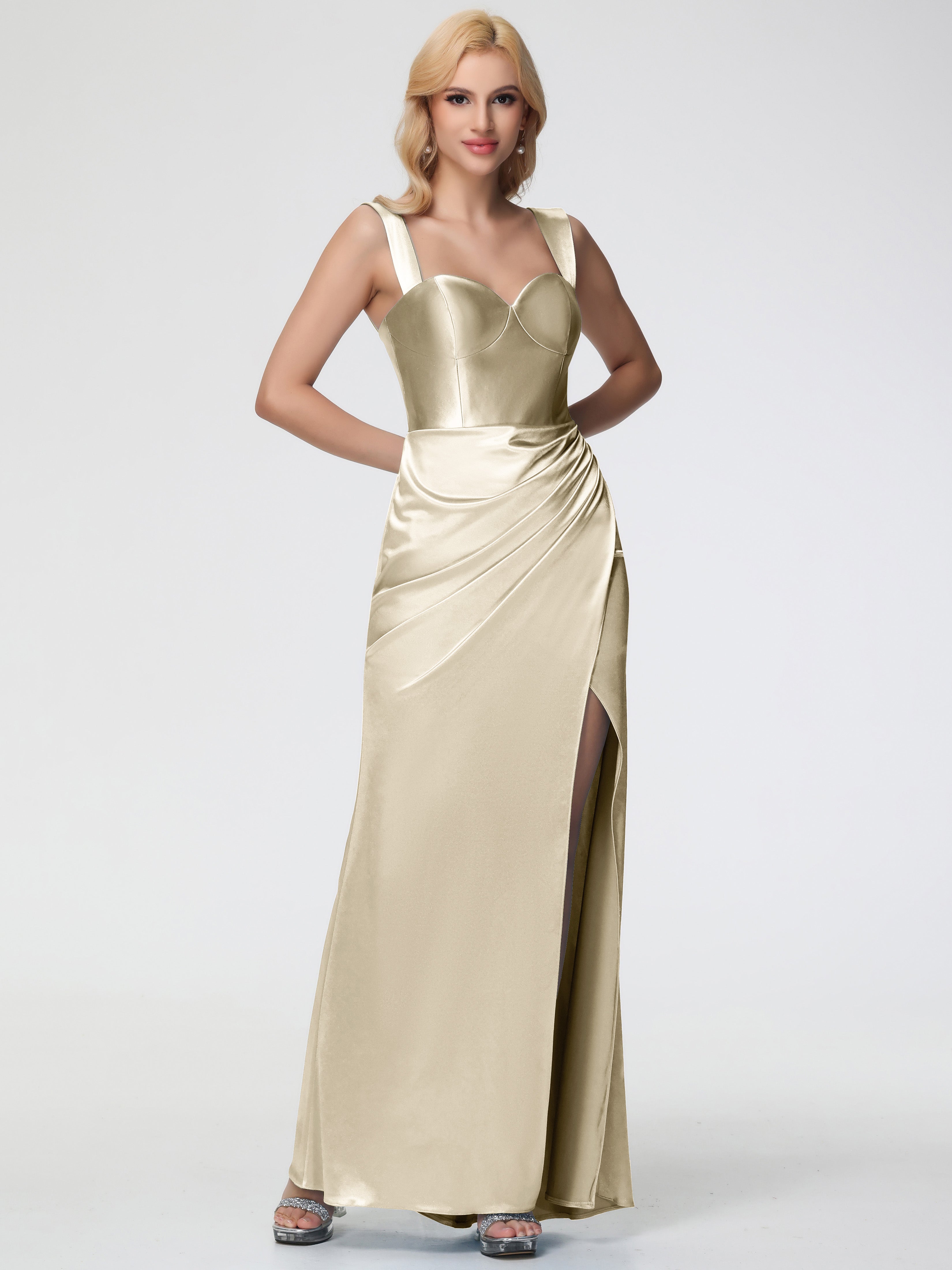 Robes De Demoiselle D'Honneur Champagne Cache Coeur Bretelles Amovibles Fourreau/Colonne Satin Extensible Robe De Demoiselle D'Honneur