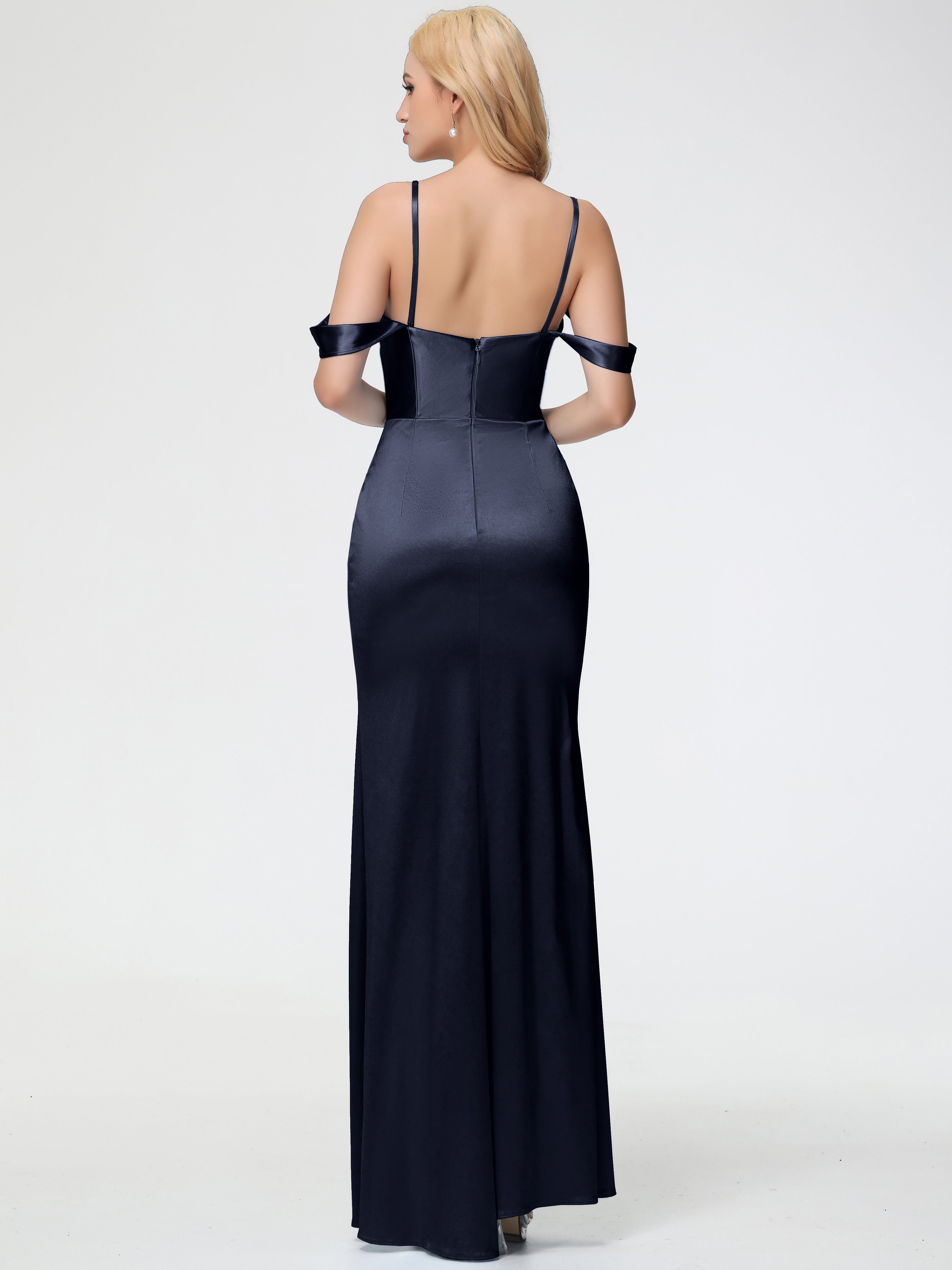 Robes De Demoiselle D'Honneur Bleu Marine Foncé Cache Coeur Bretelles Amovibles Fourreau/Colonne Satin Extensible Robe De Demoiselle D'Honneur