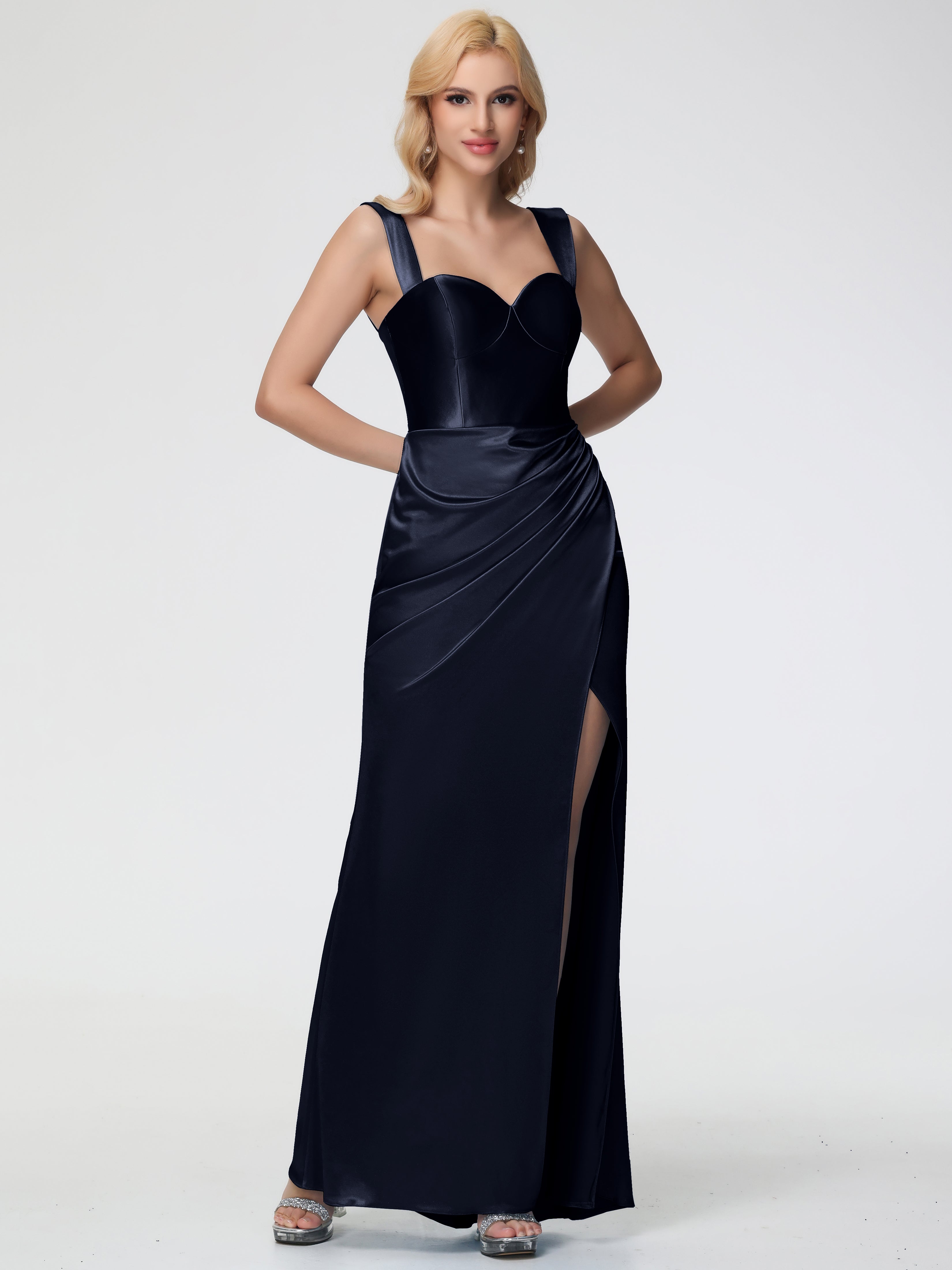 Robes De Demoiselle D'Honneur Bleu Marine Foncé Cache Coeur Bretelles Amovibles Fourreau/Colonne Satin Extensible Robe De Demoiselle D'Honneur