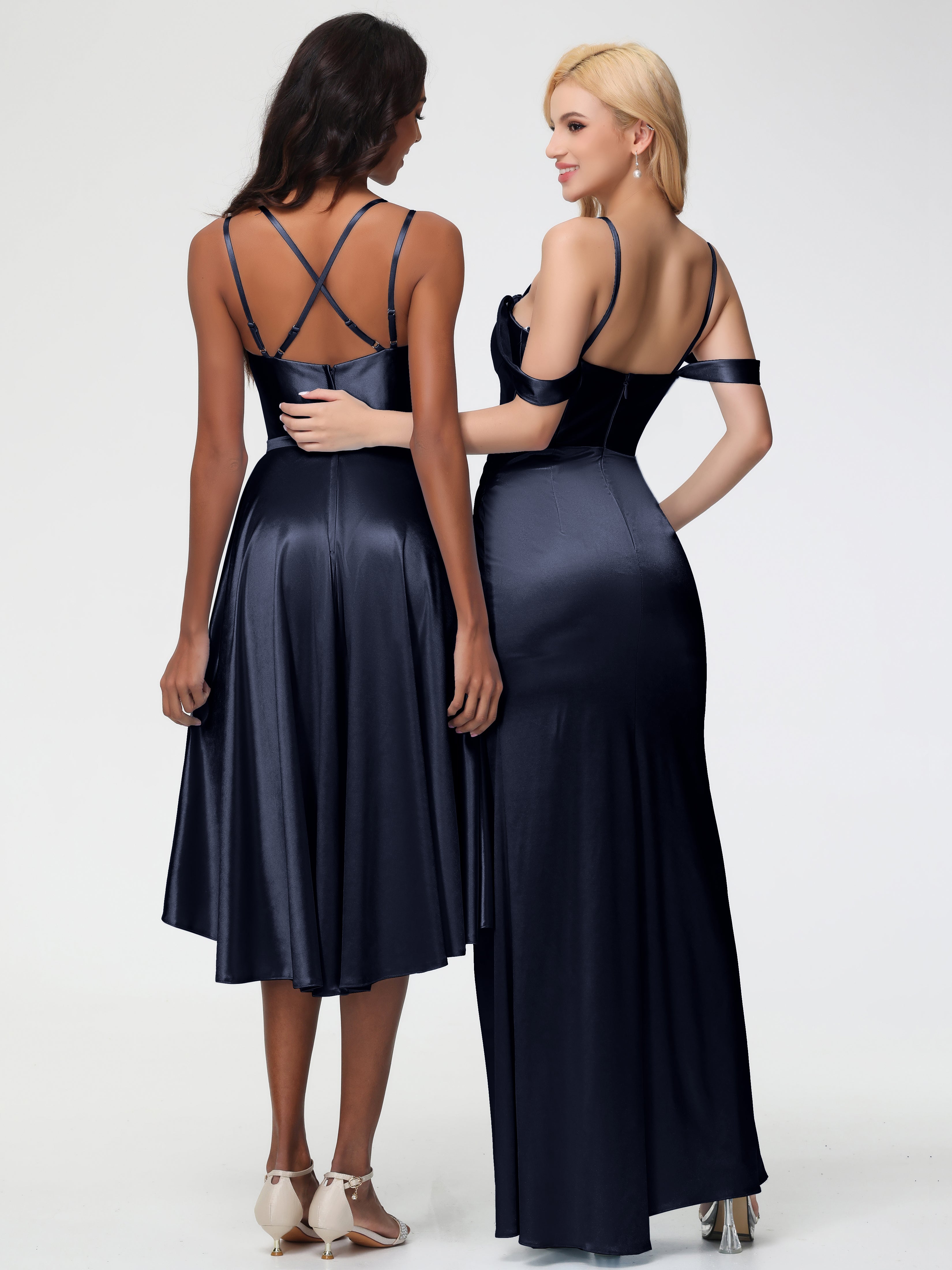 Robes De Demoiselle D'Honneur Bleu Marine Foncé Cache Coeur Bretelles Amovibles Fourreau/Colonne Satin Extensible Robe De Demoiselle D'Honneur