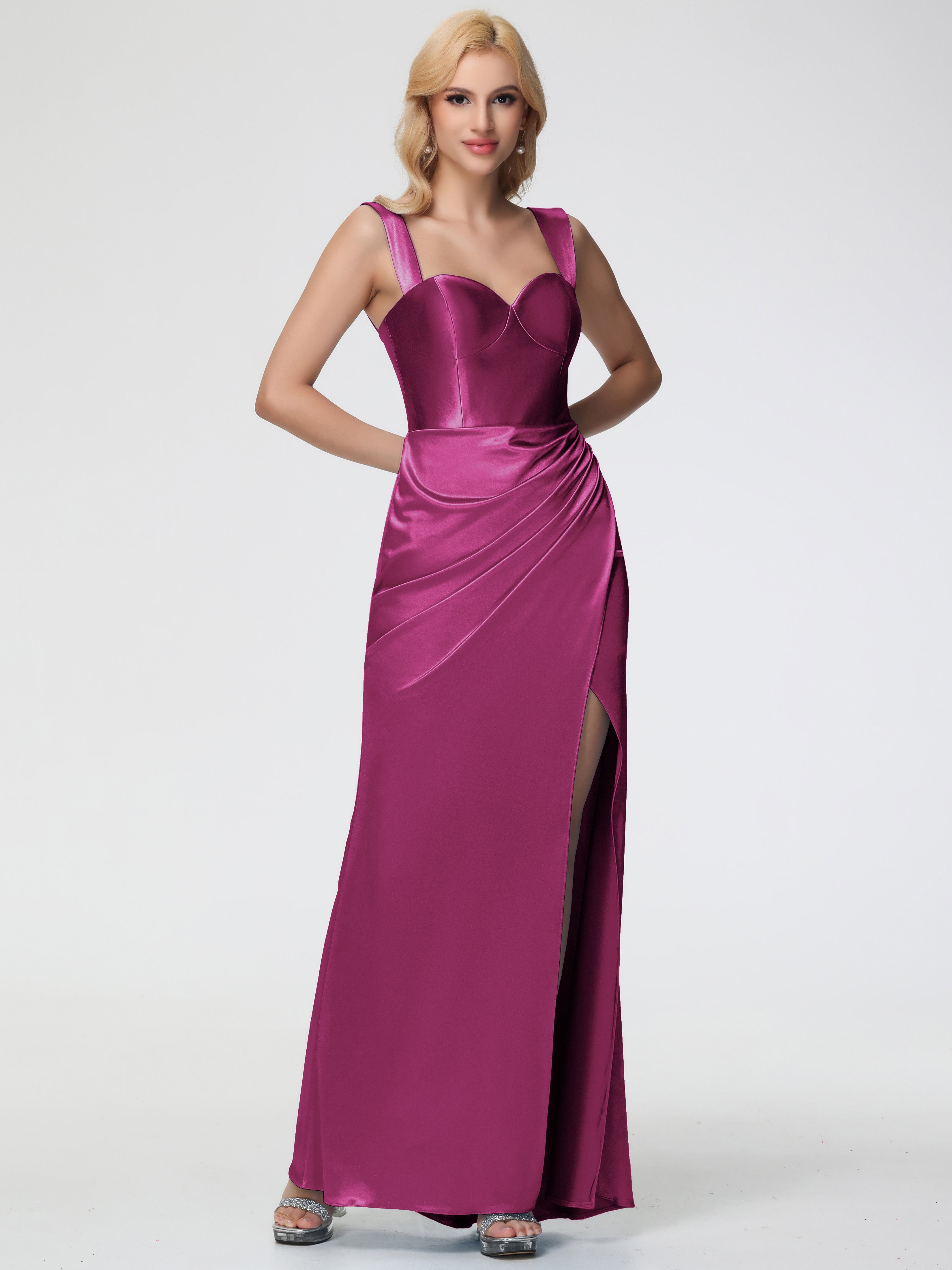 Robes De Demoiselle D'Honneur Couleur Rose Fuchsia Cache Coeur Bretelles Amovibles Fourreau/Colonne Satin Extensible Robe De Demoiselle D'Honneur