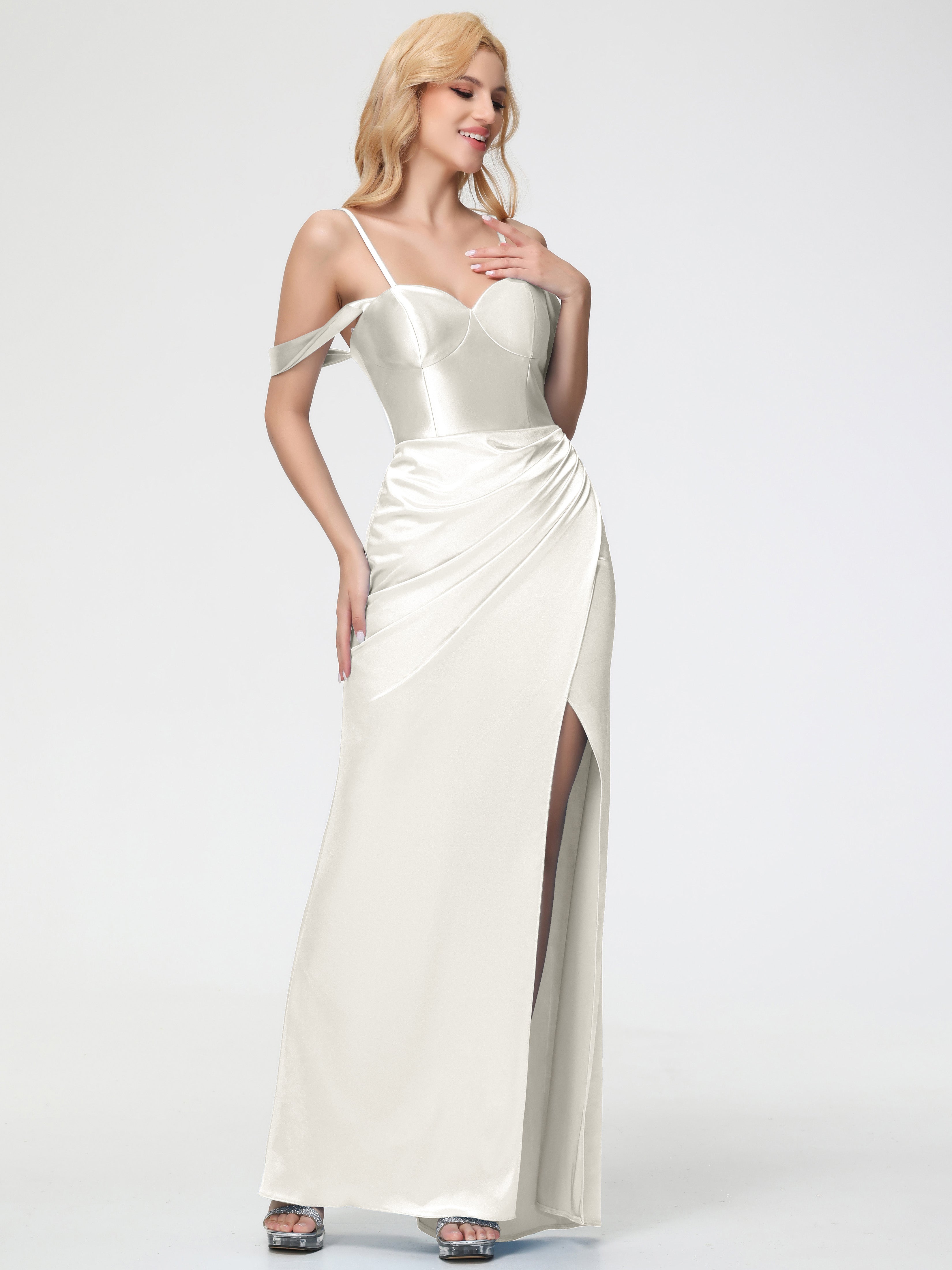 Robes De Demoiselle D'Honneur Ivoire Cache Coeur Bretelles Amovibles Fourreau/Colonne Satin Extensible Robe De Demoiselle D'Honneur