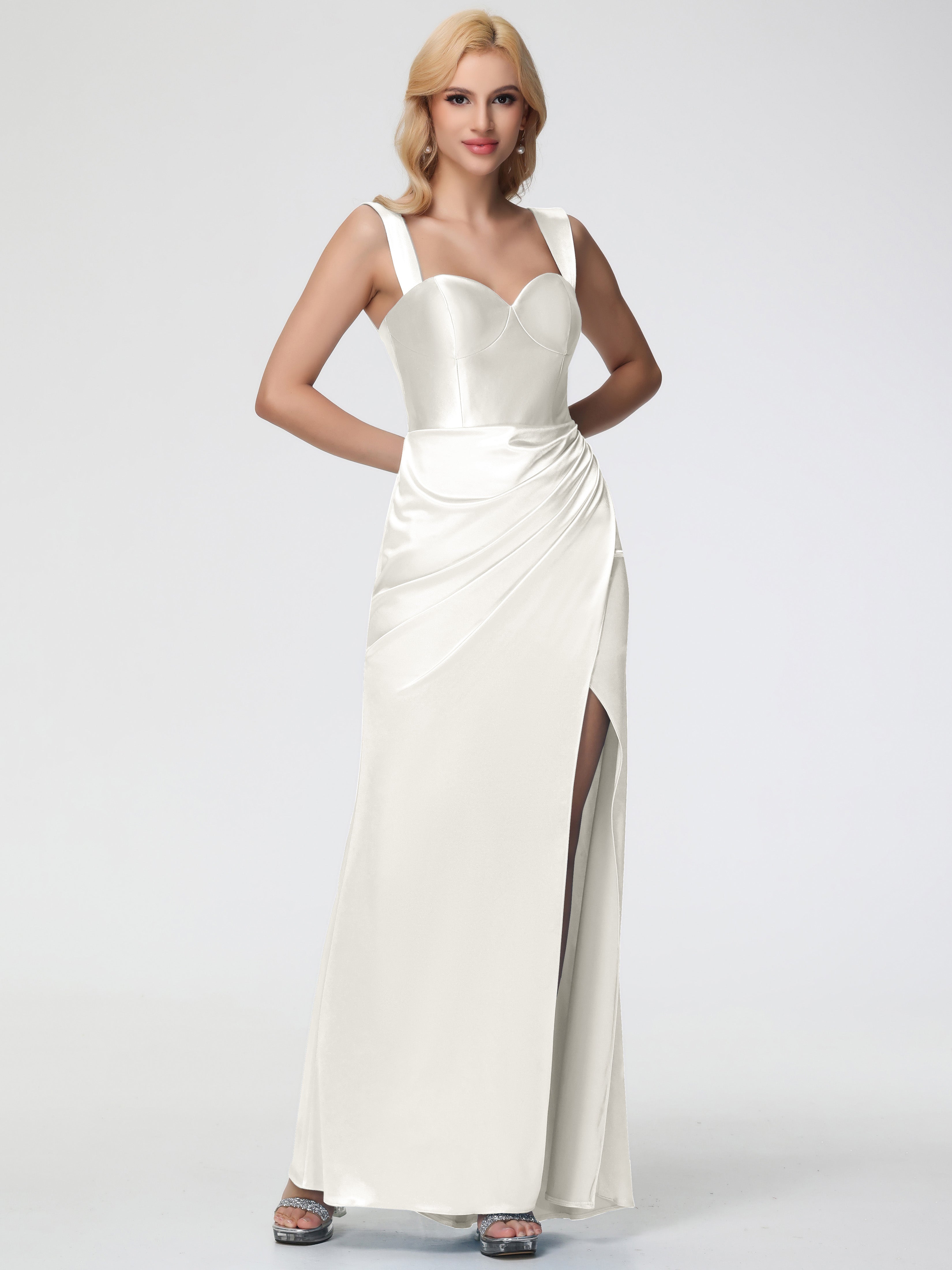 Robes De Demoiselle D'Honneur Ivoire Cache Coeur Bretelles Amovibles Fourreau/Colonne Satin Extensible Robe De Demoiselle D'Honneur