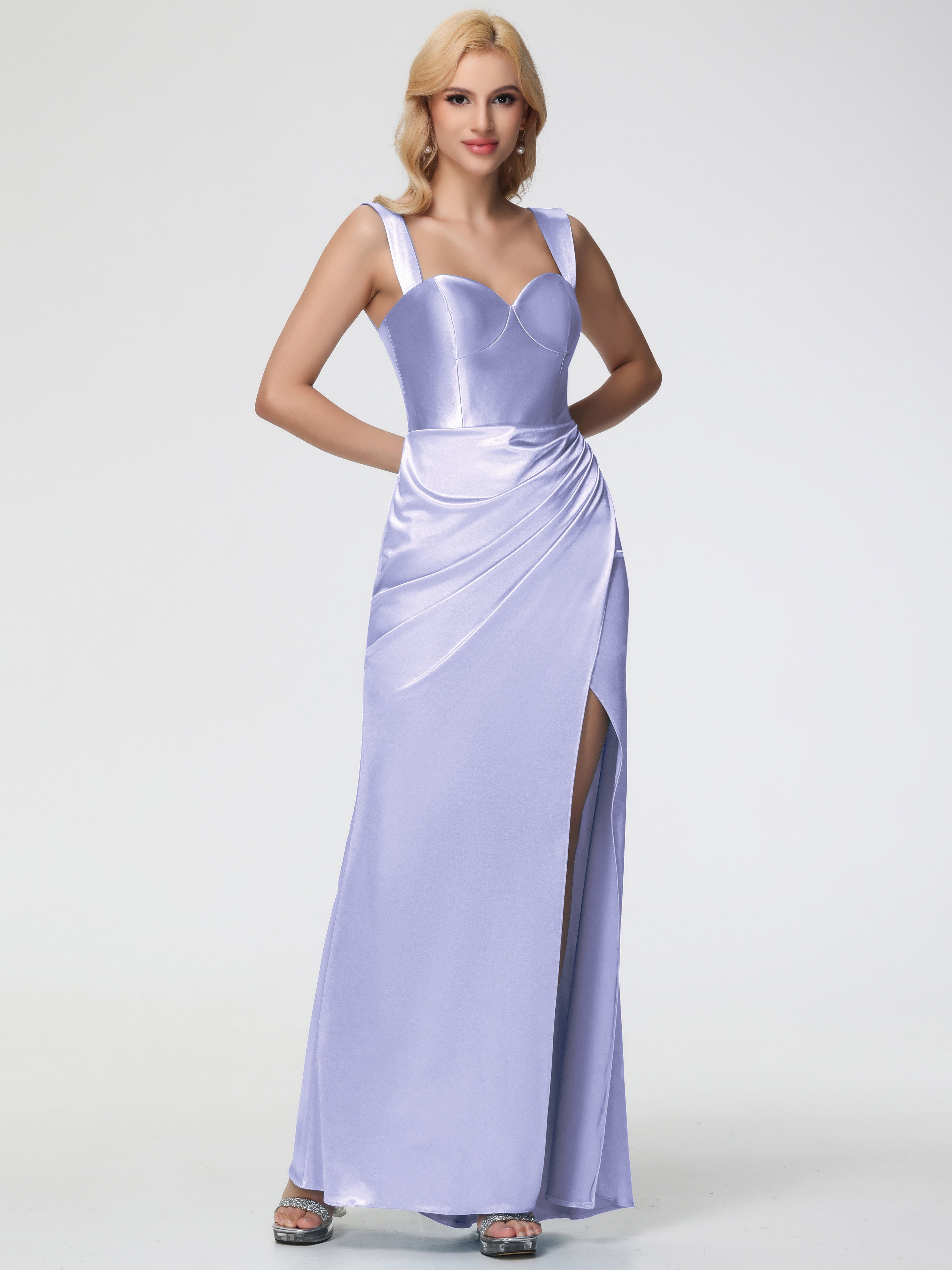 Robe De Demoiselle D'Honneur Lavande Cache Coeur Bretelles Amovibles Fourreau/Colonne Satin Extensible Robe De Demoiselle D'Honneur