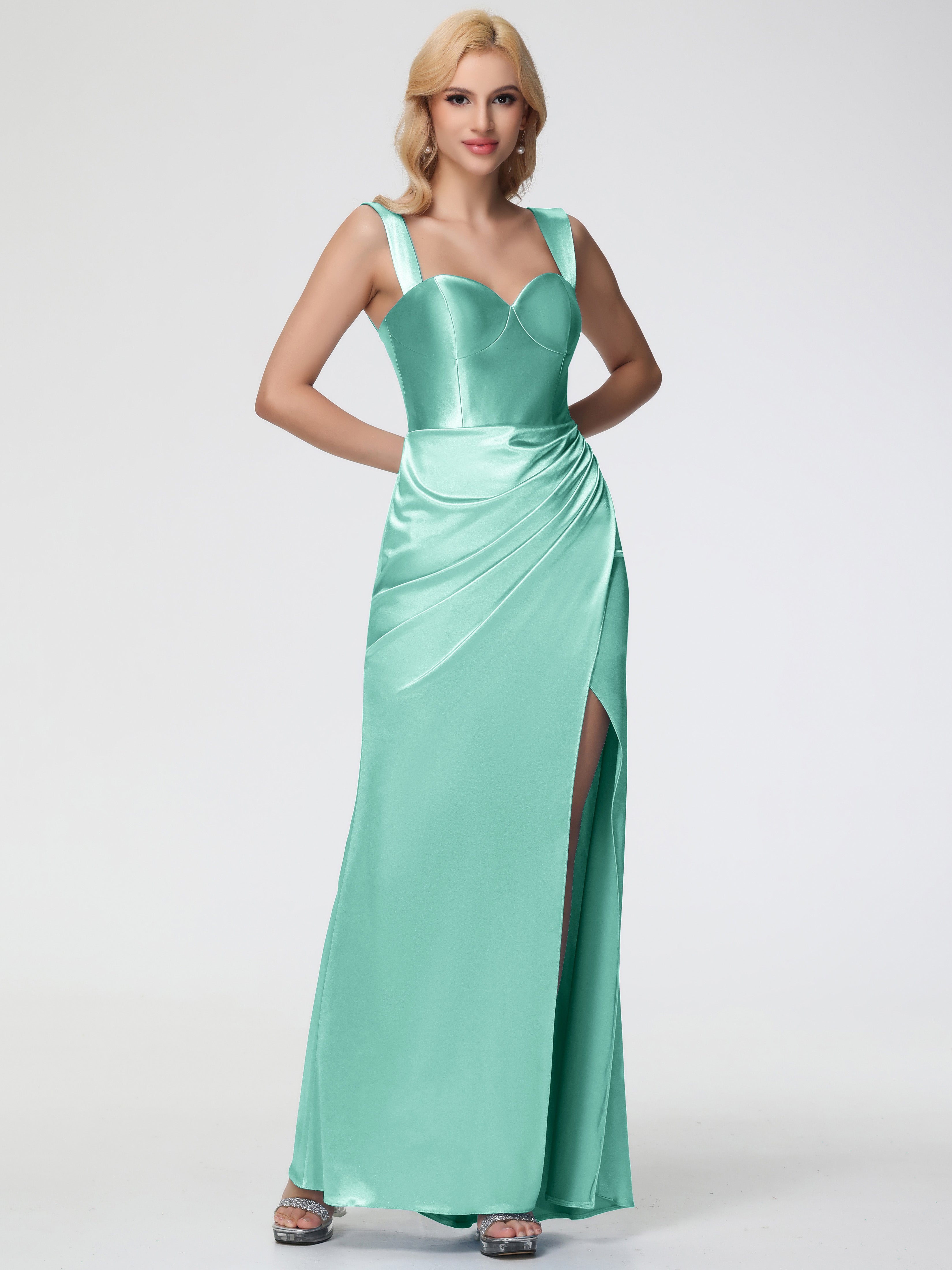 Robes De Demoiselle D'Honneur Vert Menthe Cache Coeur Bretelles Amovibles Fourreau/Colonne Satin Extensible Robe De Demoiselle D'Honneur