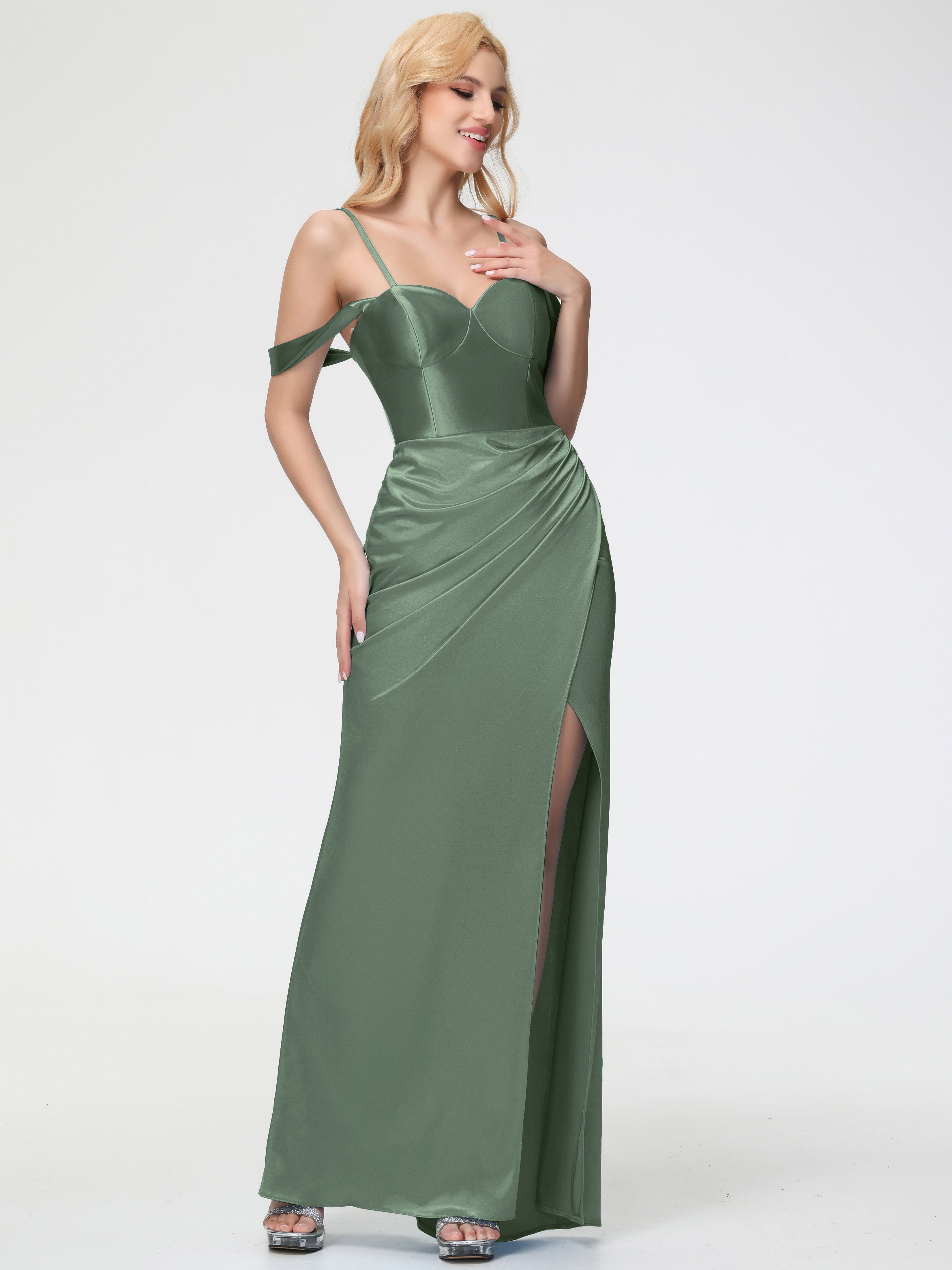 Robes De Demoiselle D'Honneur Vert Olive Cache Coeur Bretelles Amovibles Fourreau/Colonne Satin Extensible Robe De Demoiselle D'Honneur