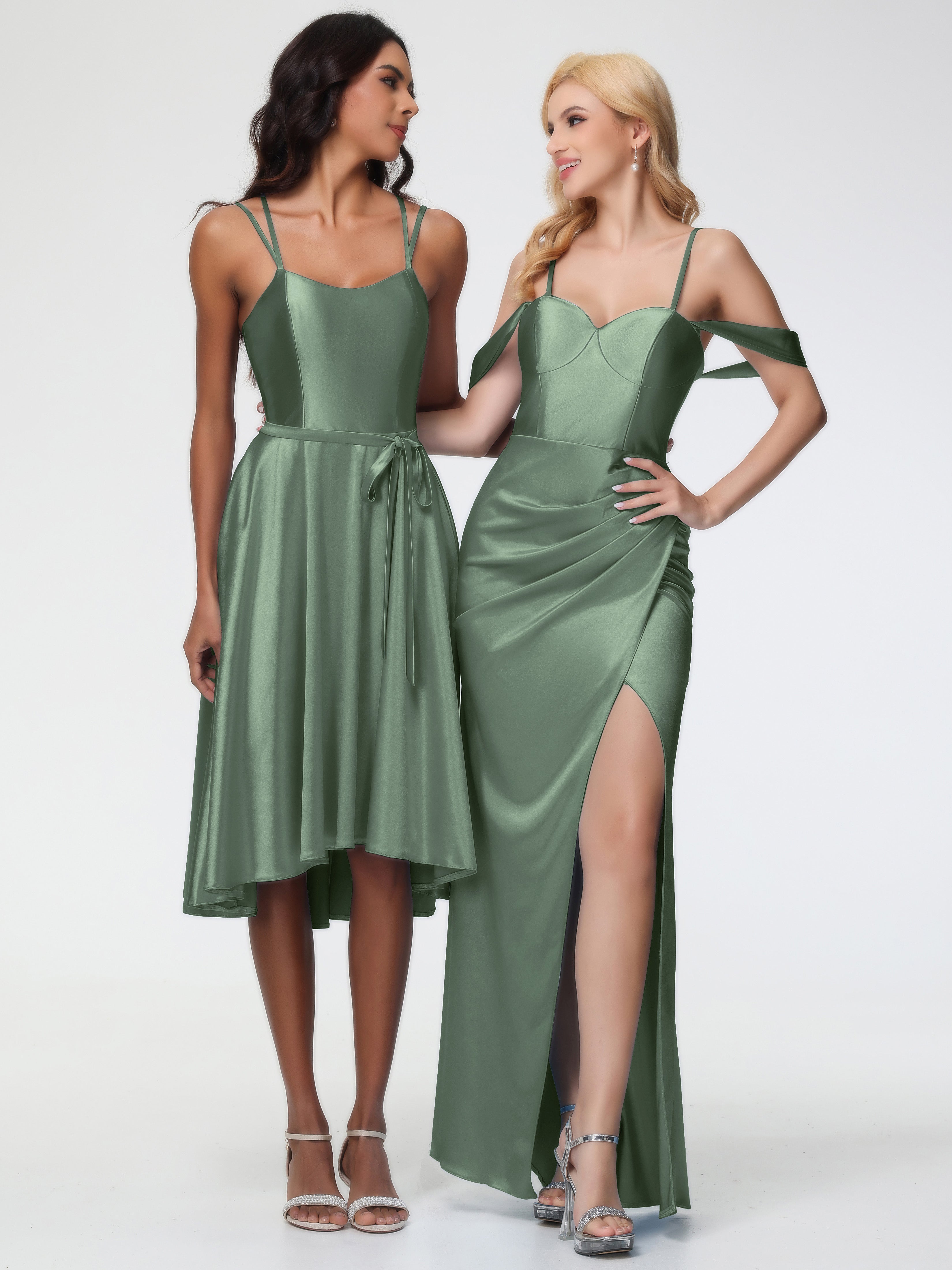 Robes De Demoiselle D'Honneur Vert Olive Cache Coeur Bretelles Amovibles Fourreau/Colonne Satin Extensible Robe De Demoiselle D'Honneur