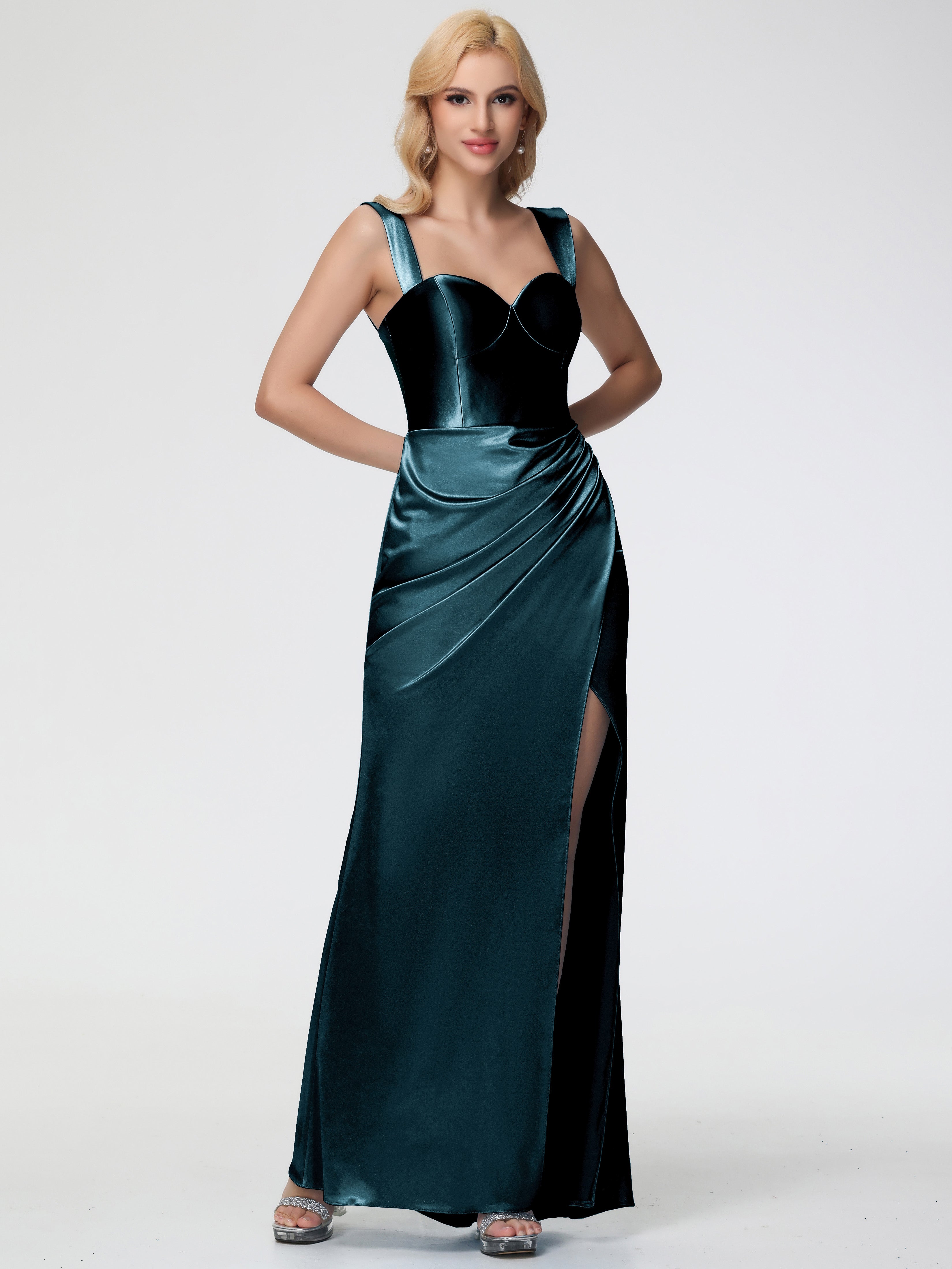 Robes De Demoiselle D'Honneur De Paon Cache Coeur Bretelles Amovibles Fourreau/Colonne Satin Extensible Robe De Demoiselle D'Honneur