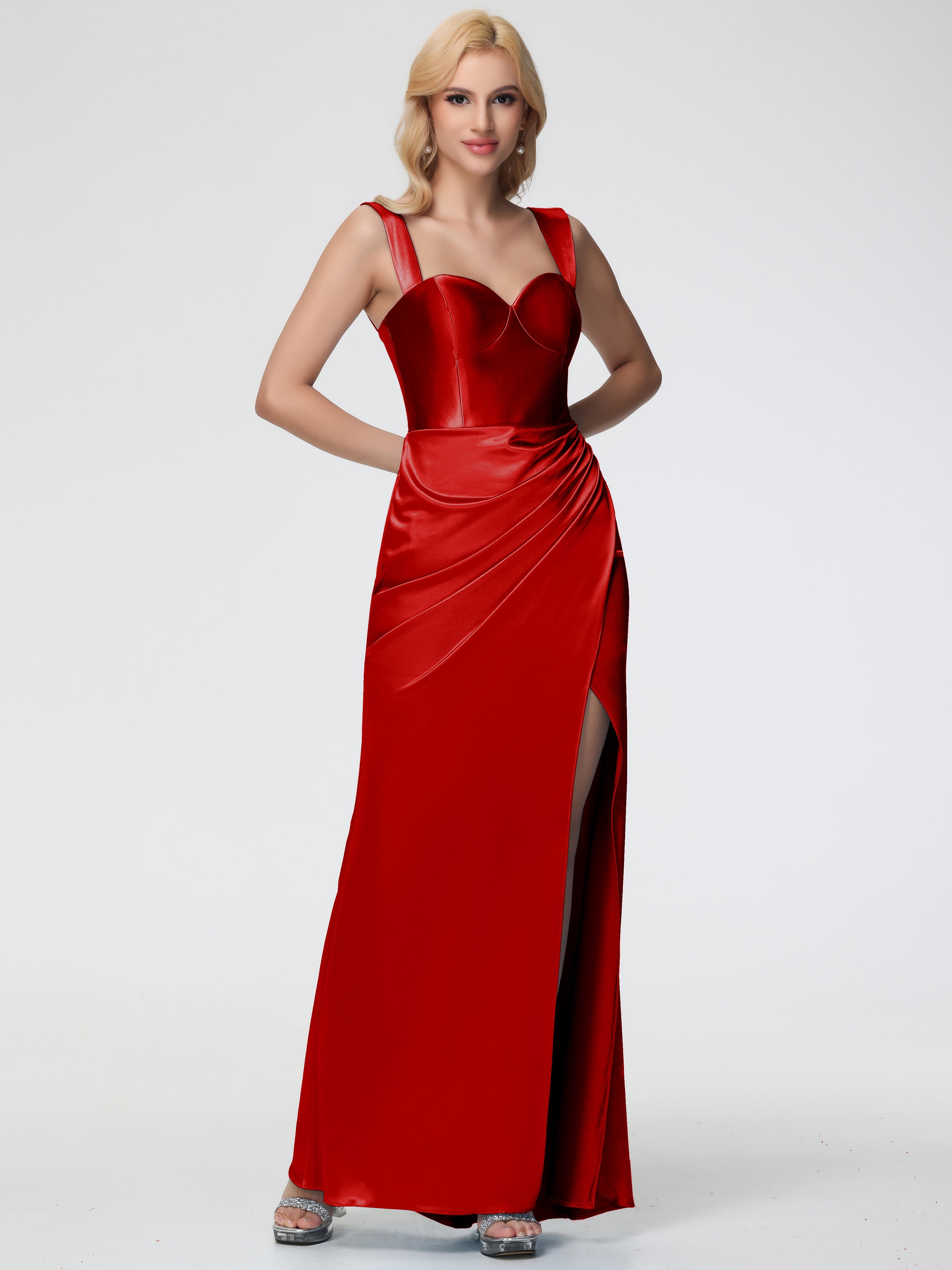 Robe Rouge Demoiselle D Honneur Pas Cher Cache Coeur Bretelles Amovibles Fourreau/Colonne Satin Extensible Robe De Demoiselle D'Honneur