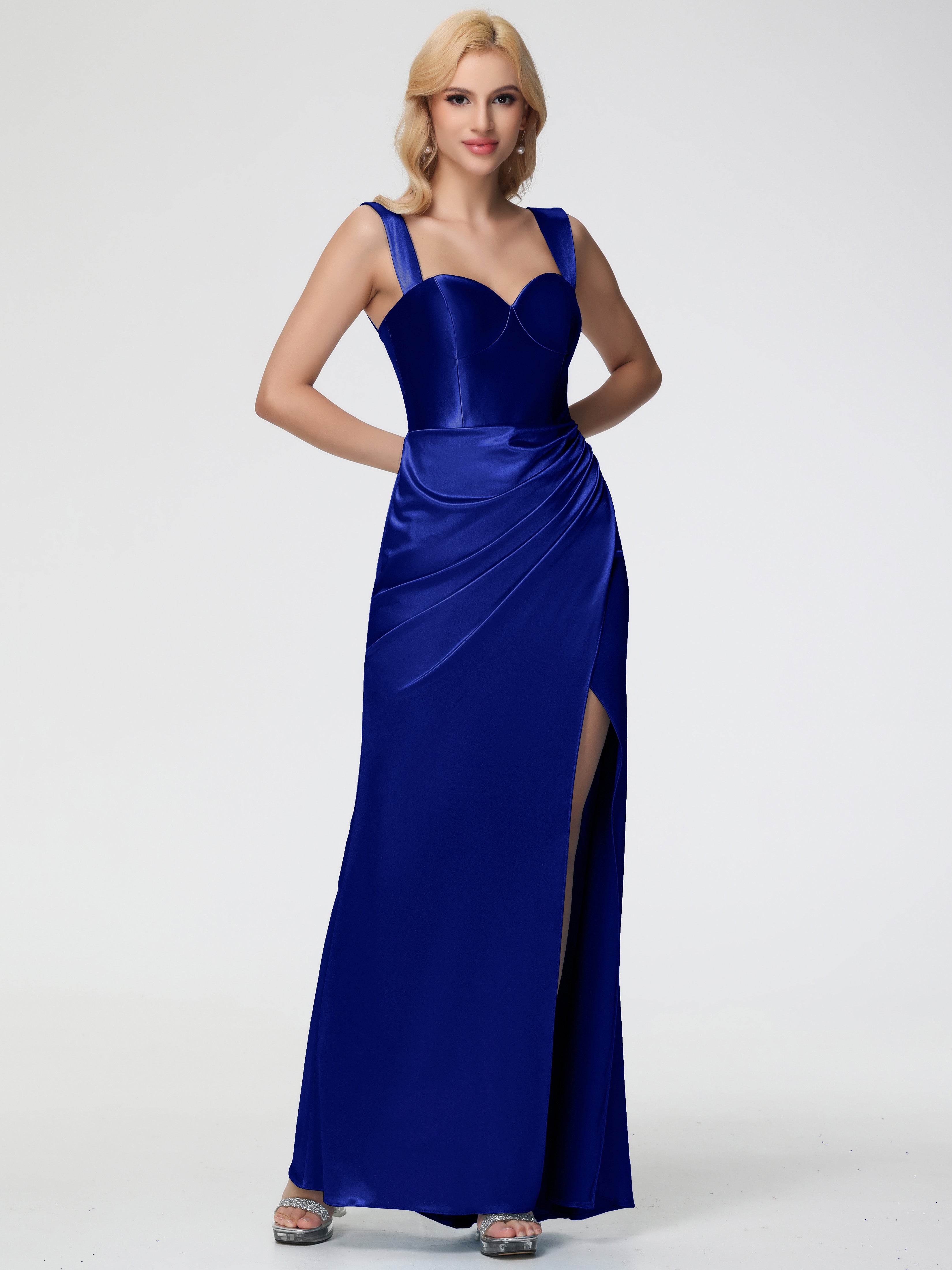 Demoiselle D'Honneur Bleu Royal Cache Coeur Bretelles Amovibles Fourreau/Colonne Satin Extensible Robe De Demoiselle D'Honneur