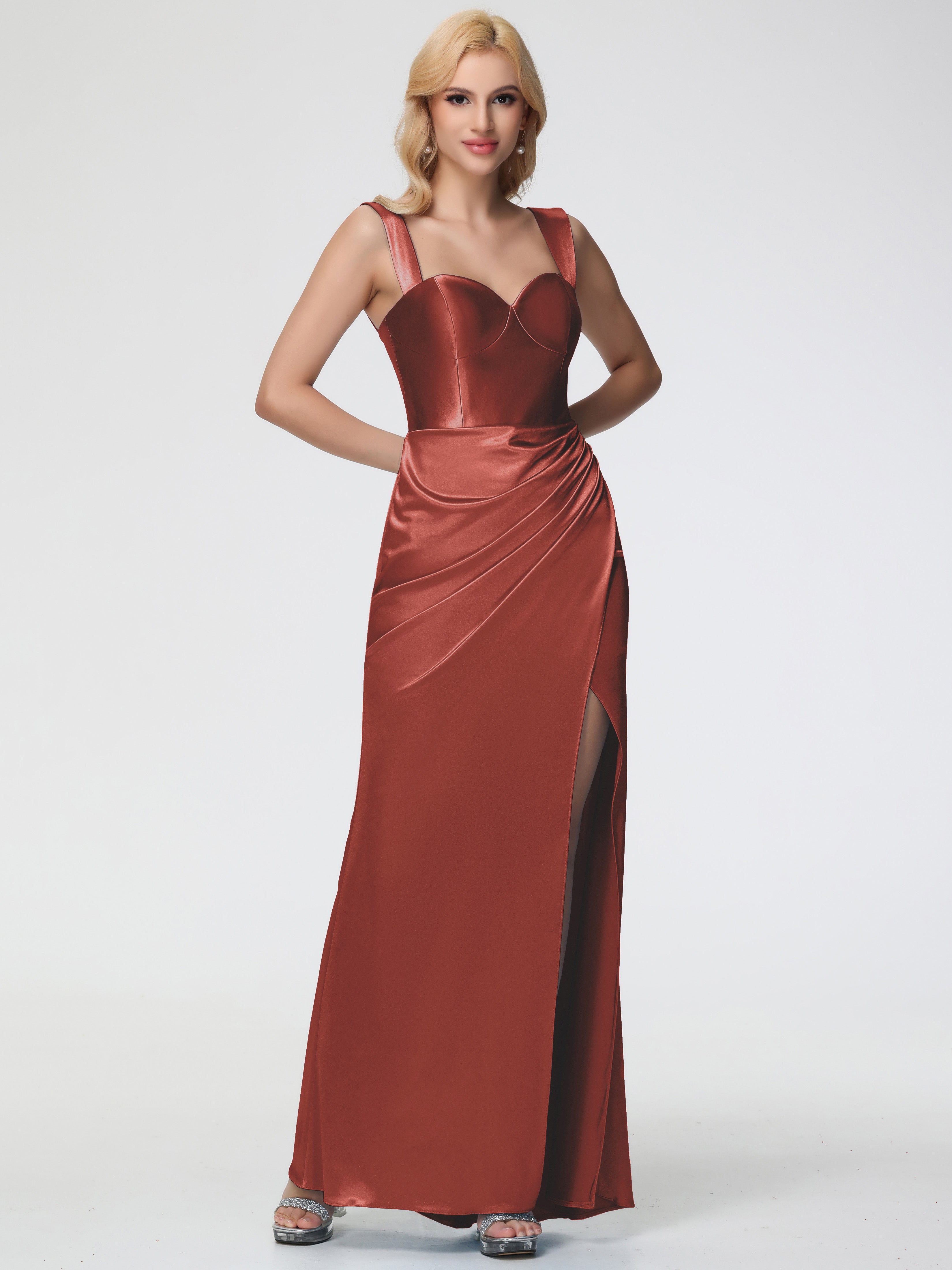 Longues Robes De Demoiselle D'Honneur De Rouille Cache Coeur Bretelles Amovibles Fourreau/Colonne Satin Extensible Robe De Demoiselle D'Honneur