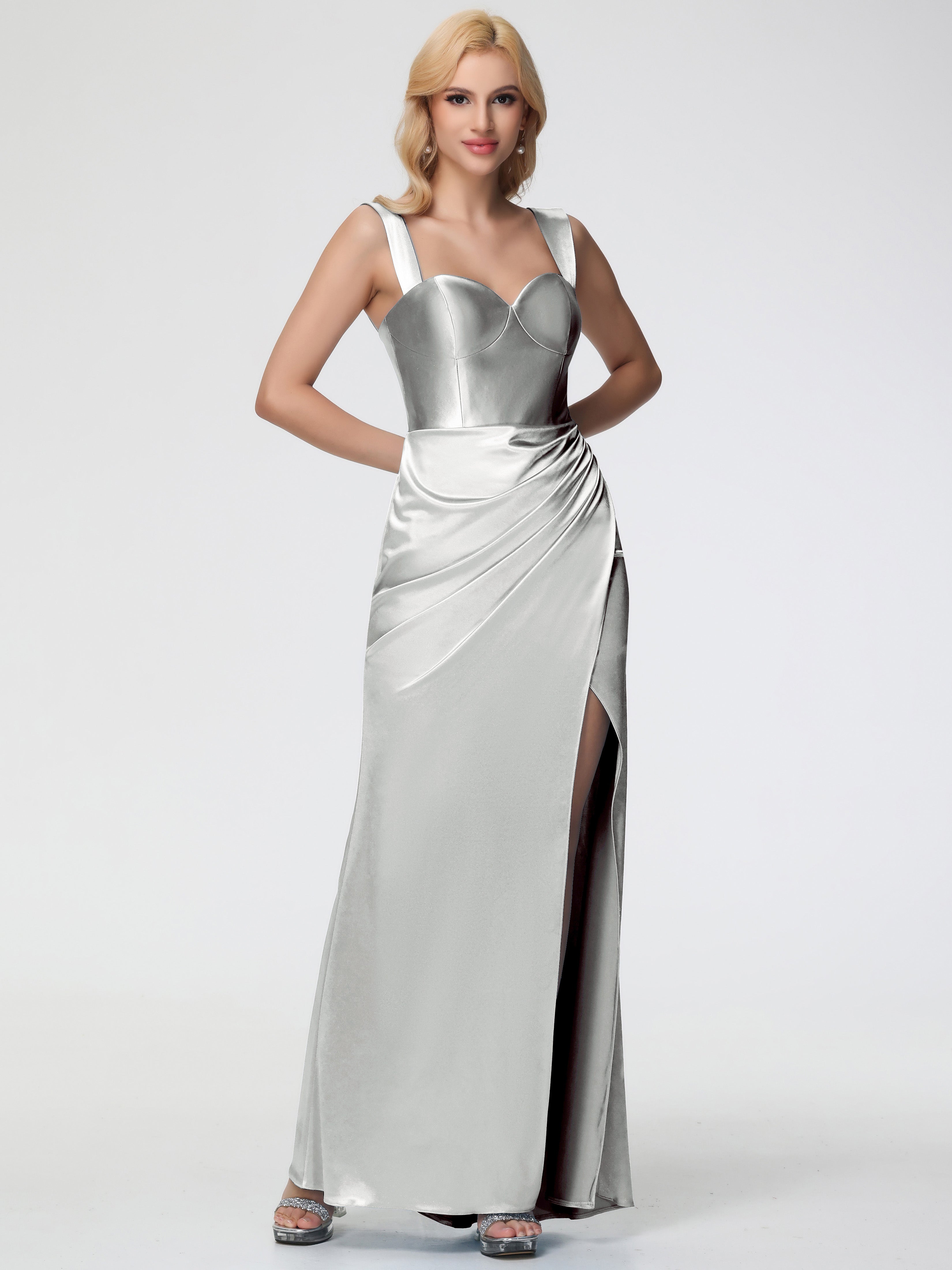 Robes De Demoiselle D'Honneur En Argent Cache Coeur Bretelles Amovibles Fourreau/Colonne Satin Extensible Robe De Demoiselle D'Honneur