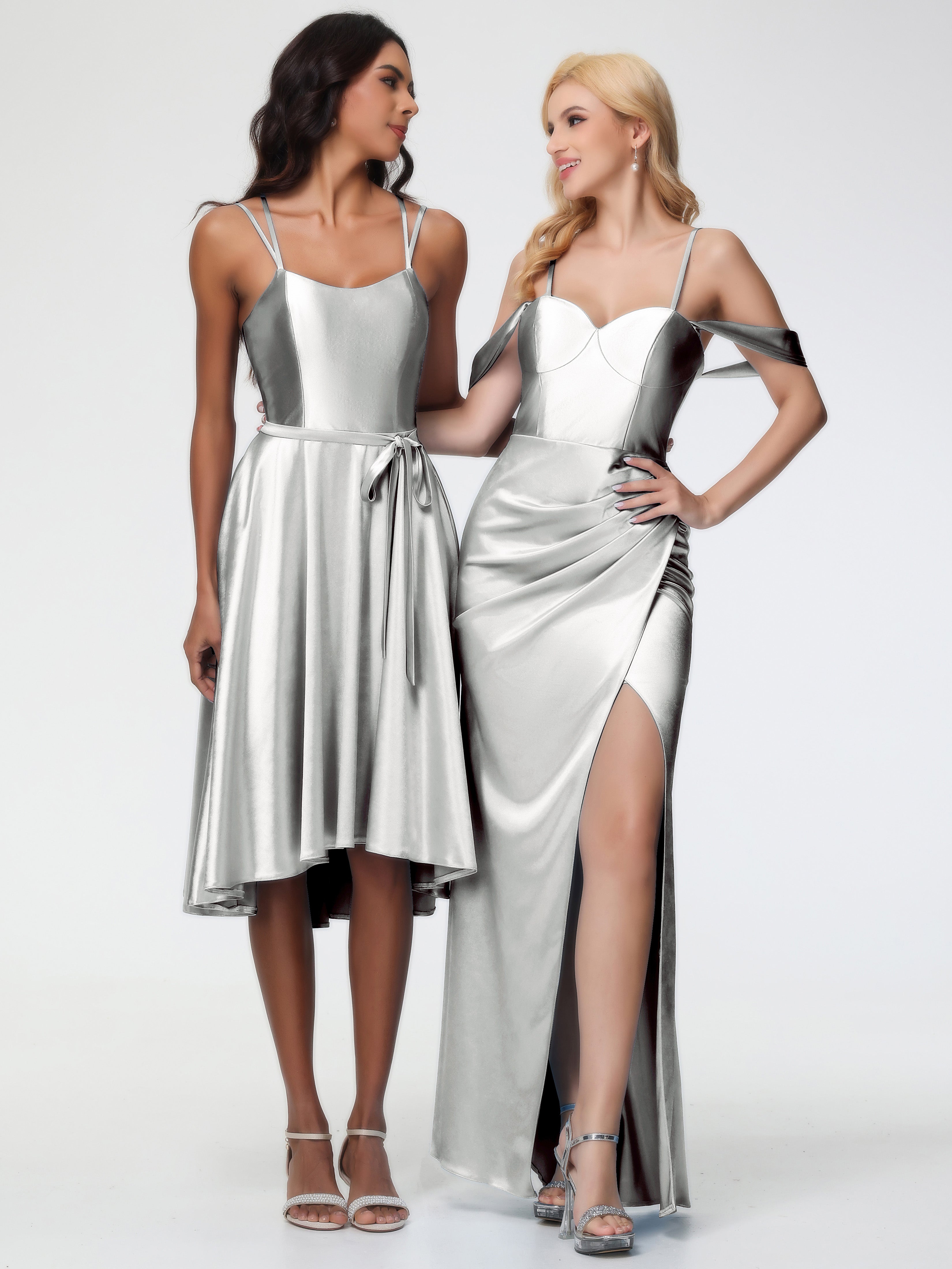 Robes De Demoiselle D'Honneur En Argent Cache Coeur Bretelles Amovibles Fourreau/Colonne Satin Extensible Robe De Demoiselle D'Honneur