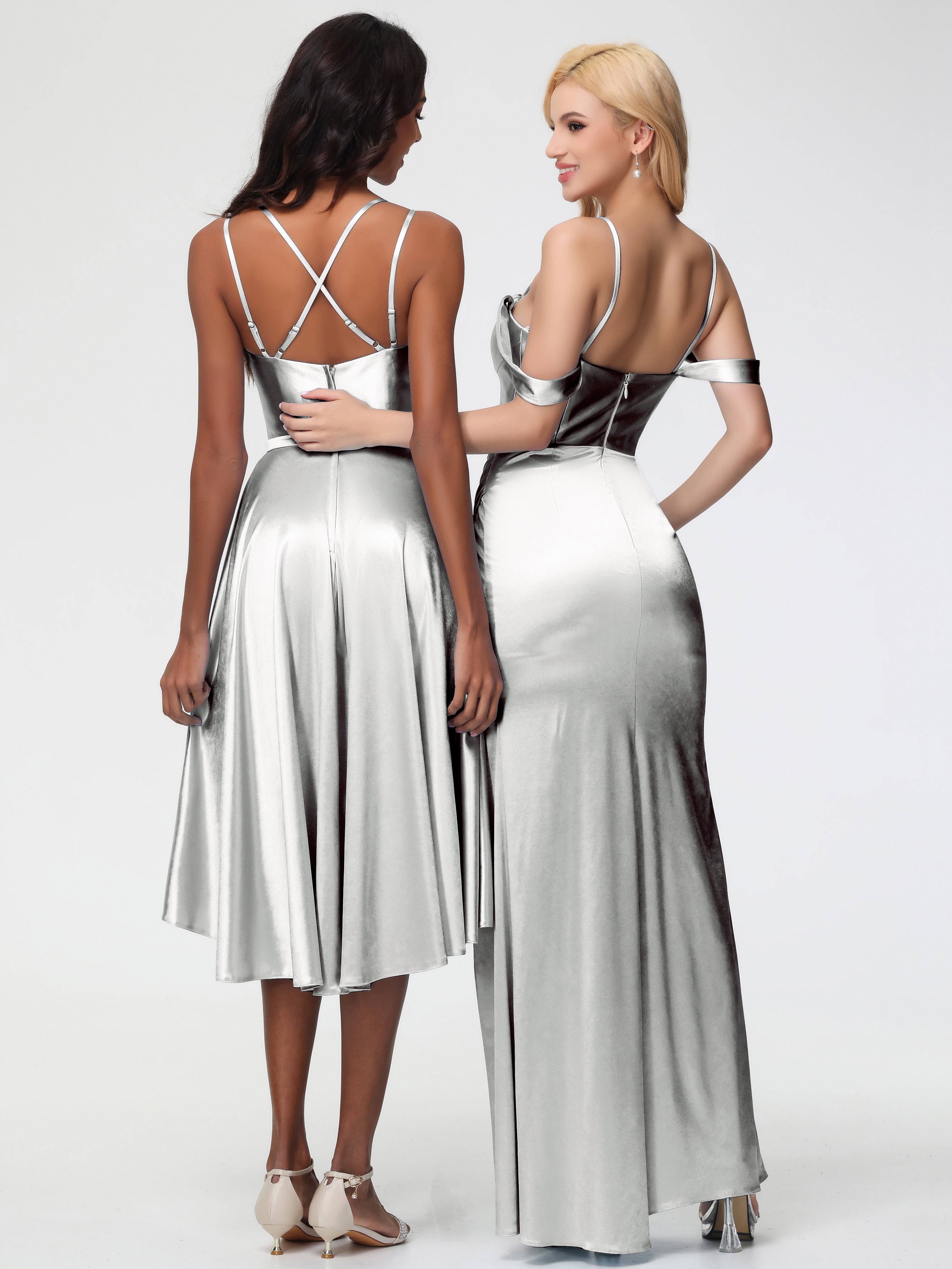 Robes De Demoiselle D'Honneur En Argent Cache Coeur Bretelles Amovibles Fourreau/Colonne Satin Extensible Robe De Demoiselle D'Honneur