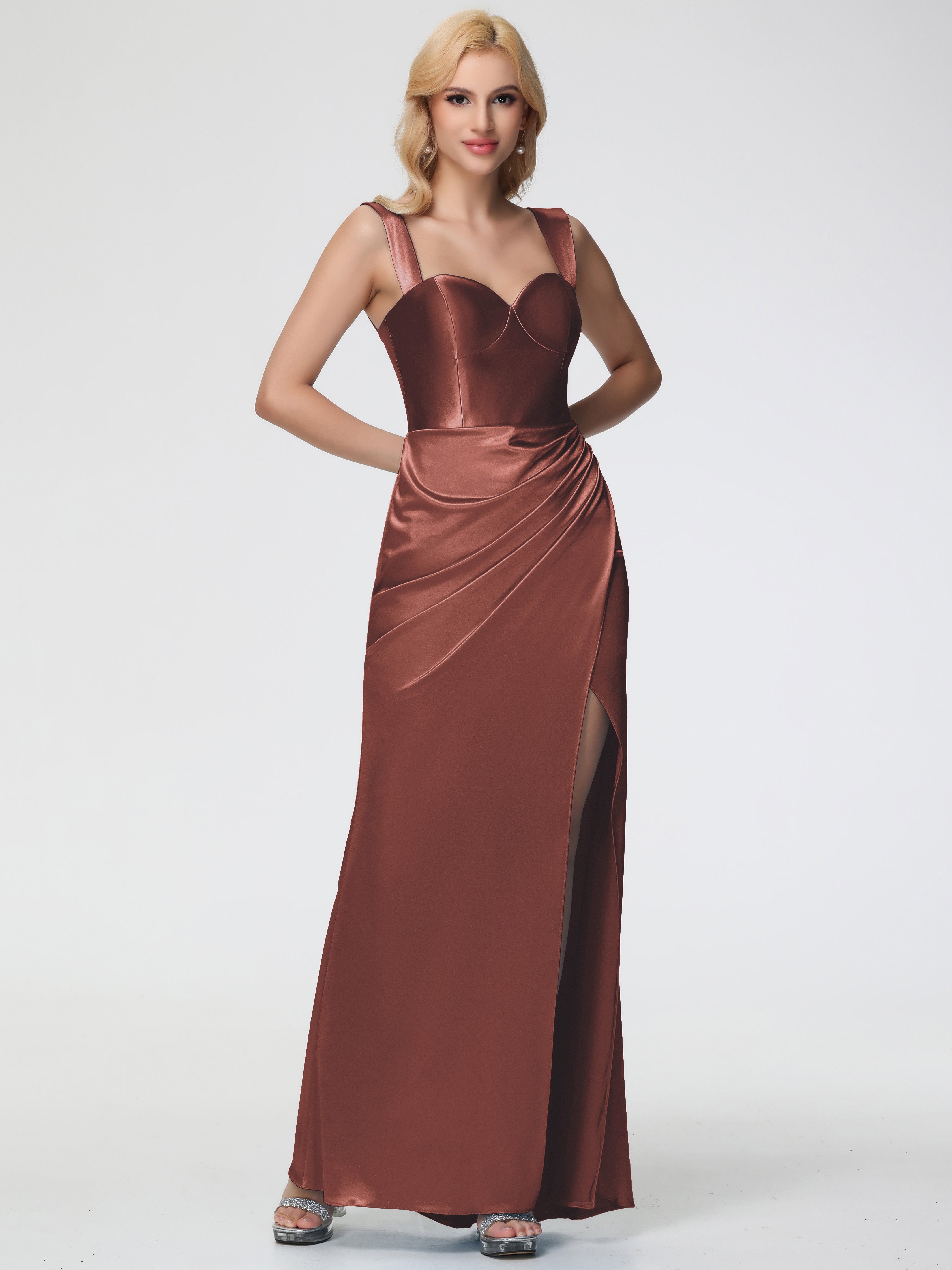 Robes De Demoiselle D'Honneur En Terre Cuite Cache Coeur Bretelles Amovibles Fourreau/Colonne Satin Extensible Robe De Demoiselle D'Honneur