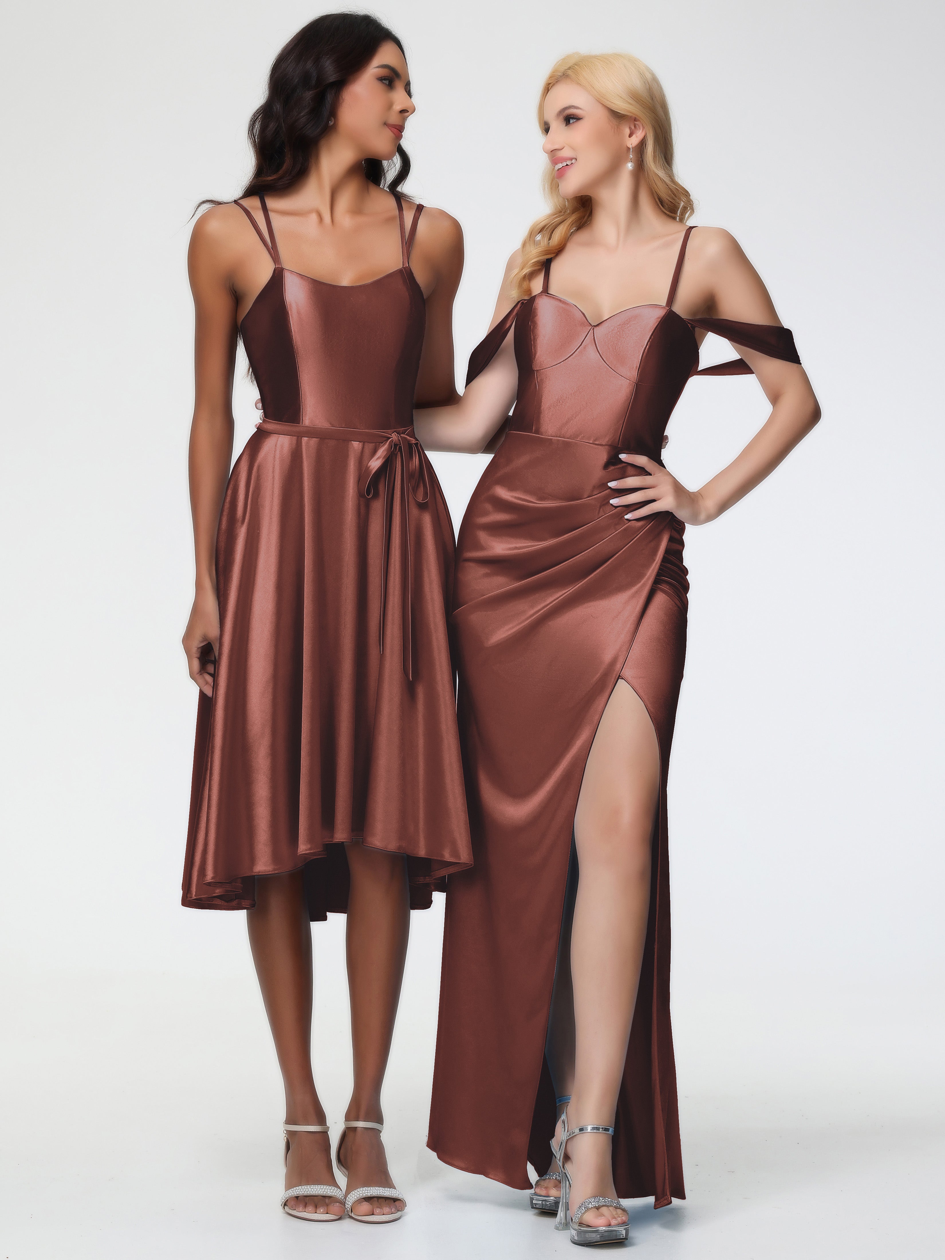 Robes De Demoiselle D'Honneur En Terre Cuite Cache Coeur Bretelles Amovibles Fourreau/Colonne Satin Extensible Robe De Demoiselle D'Honneur